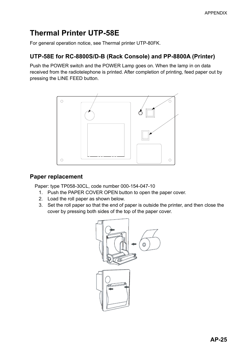 Thermal printer utp-58e, Ap-25, Paper replacement | Furuno FM-8800D User Manual | Page 131 / 137