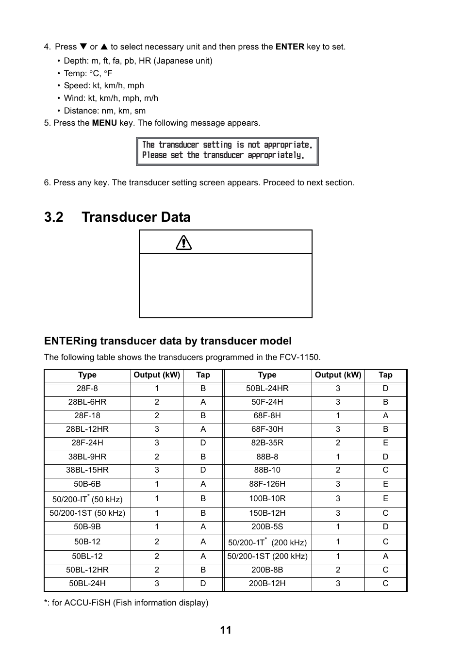 2 transducer data, Caution, Entering transducer data by transducer model | Furuno FCV-1150 User Manual | Page 20 / 32