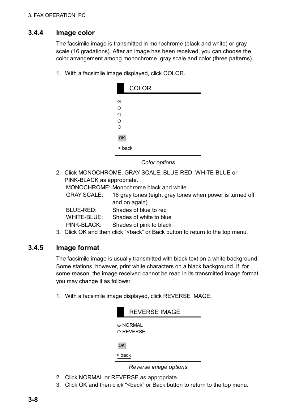 8 3.4.4 image color, 5 image format | Furuno FAX-30 User Manual | Page 50 / 115