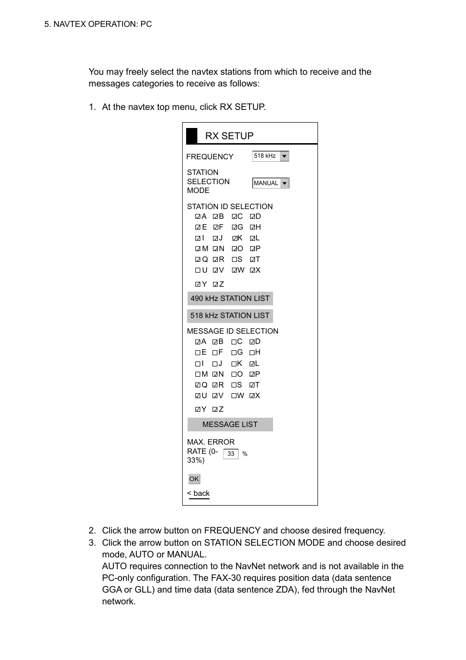 2 setting up navtex stations, messages, Rx setup | Furuno FAX-30 User Manual | Page 66 / 115