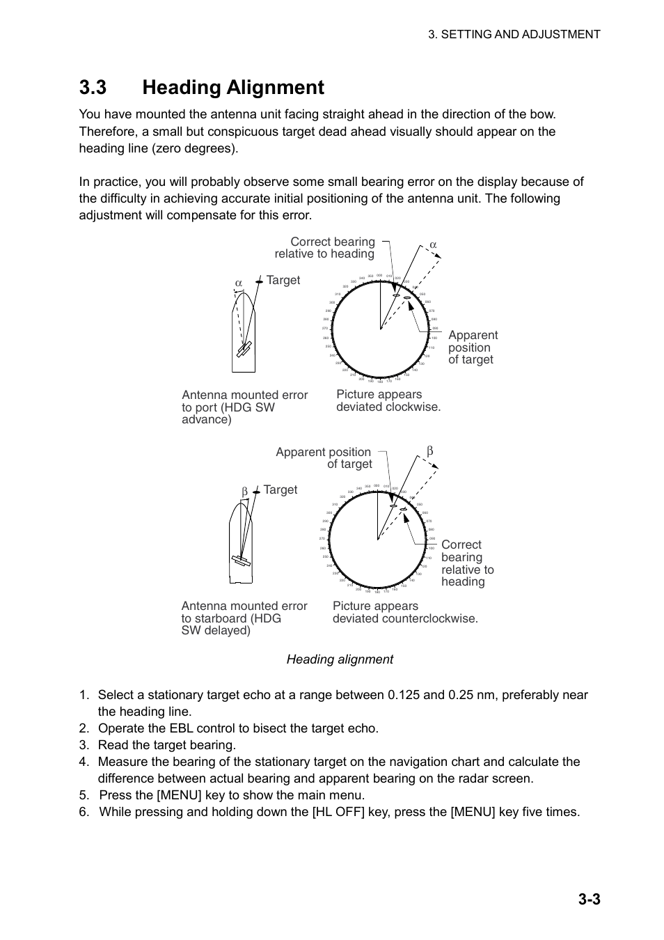 3 heading alignment, Target, Setting and adjustment | Furuno 2837S User Manual | Page 43 / 123