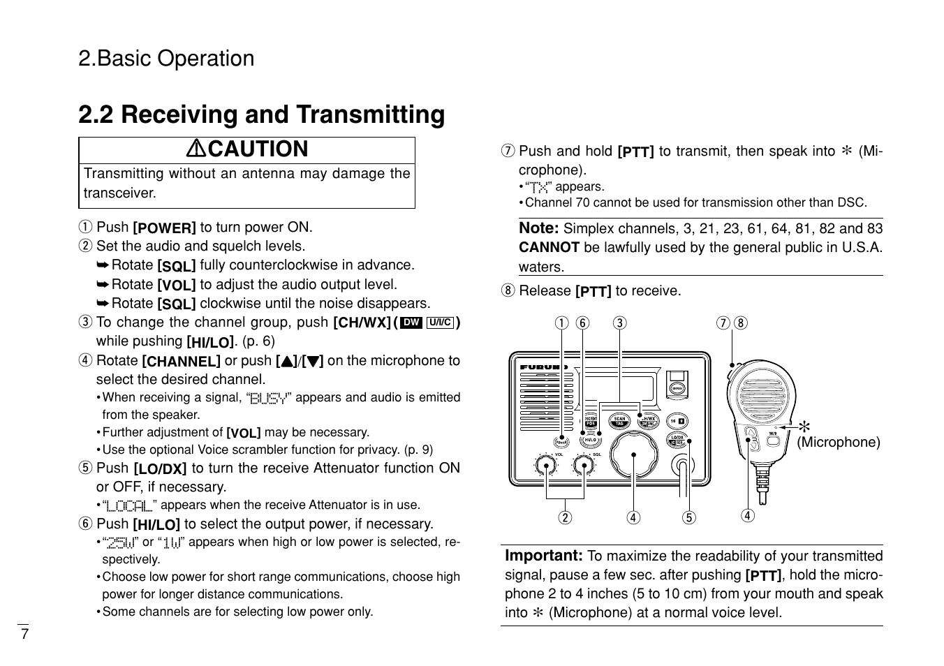 2 receiving and transmitting, Basic operation, Rr caution | Furuno MARINE VHF RADIOTELEPHONE FM-3000 User Manual | Page 16 / 76