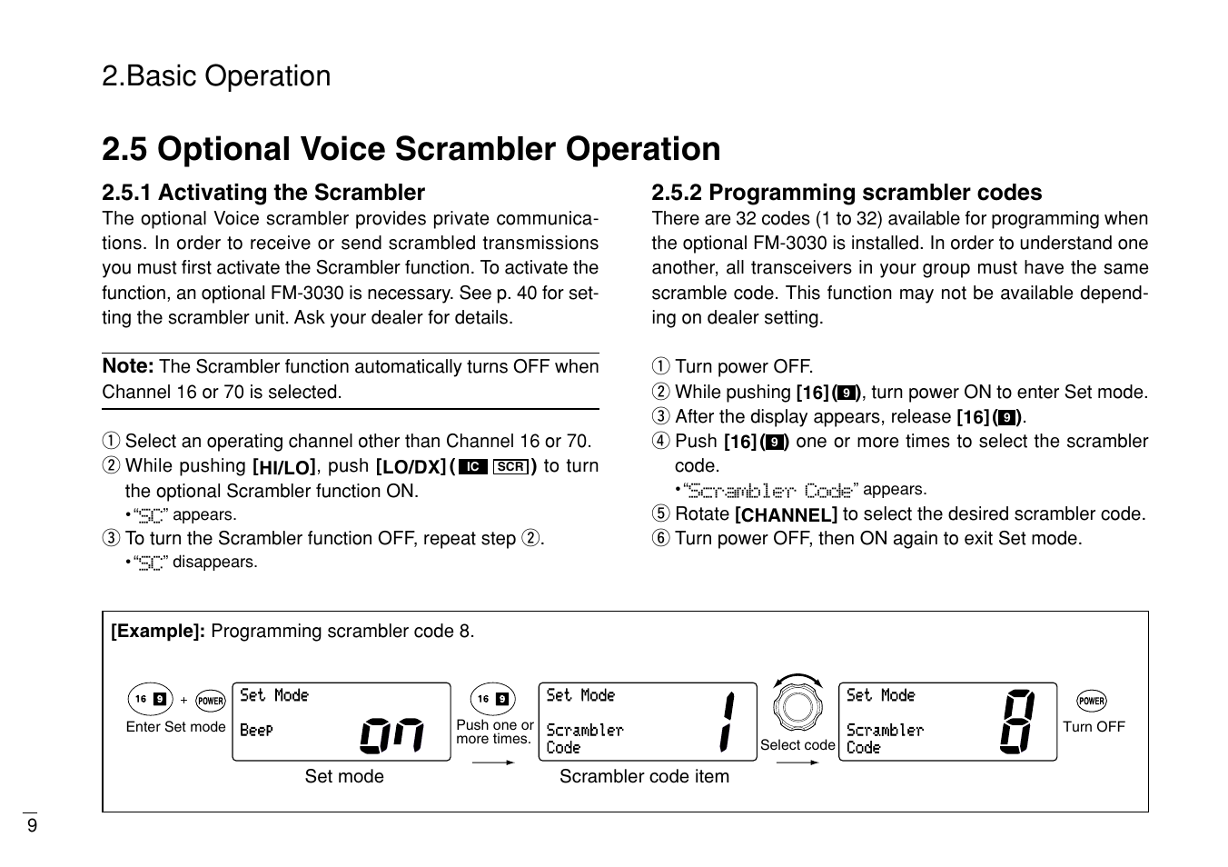 5 optional voice scrambler operation, Basic operation, 1 activating the scrambler | 2 programming scrambler codes | Furuno MARINE VHF RADIOTELEPHONE FM-3000 User Manual | Page 18 / 76