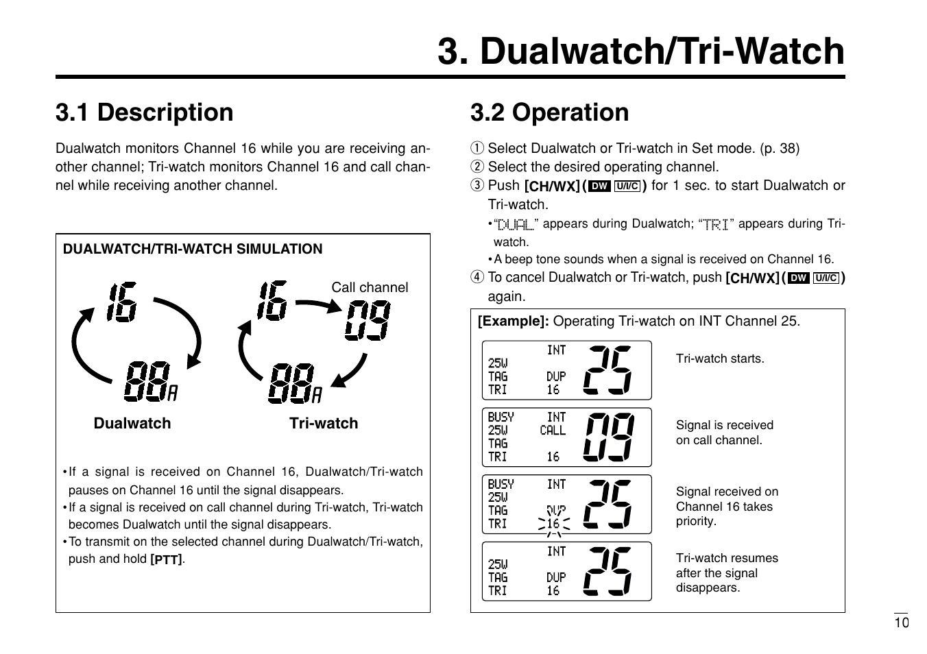 Dualwatch/tri-watch, 1 description, 2 operation | Furuno MARINE VHF RADIOTELEPHONE FM-3000 User Manual | Page 19 / 76
