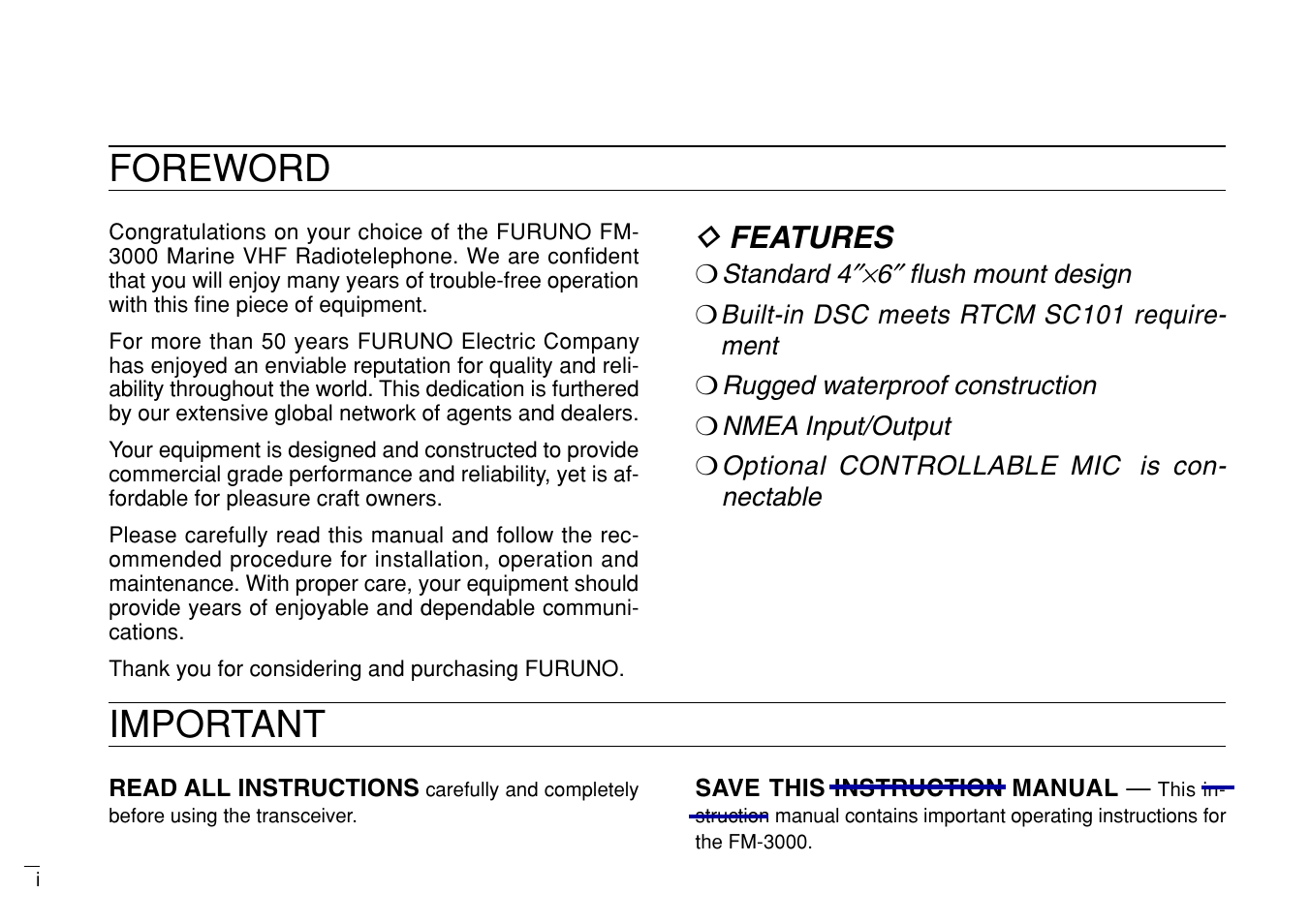 Foreword, Important, D features | Furuno MARINE VHF RADIOTELEPHONE FM-3000 User Manual | Page 2 / 76