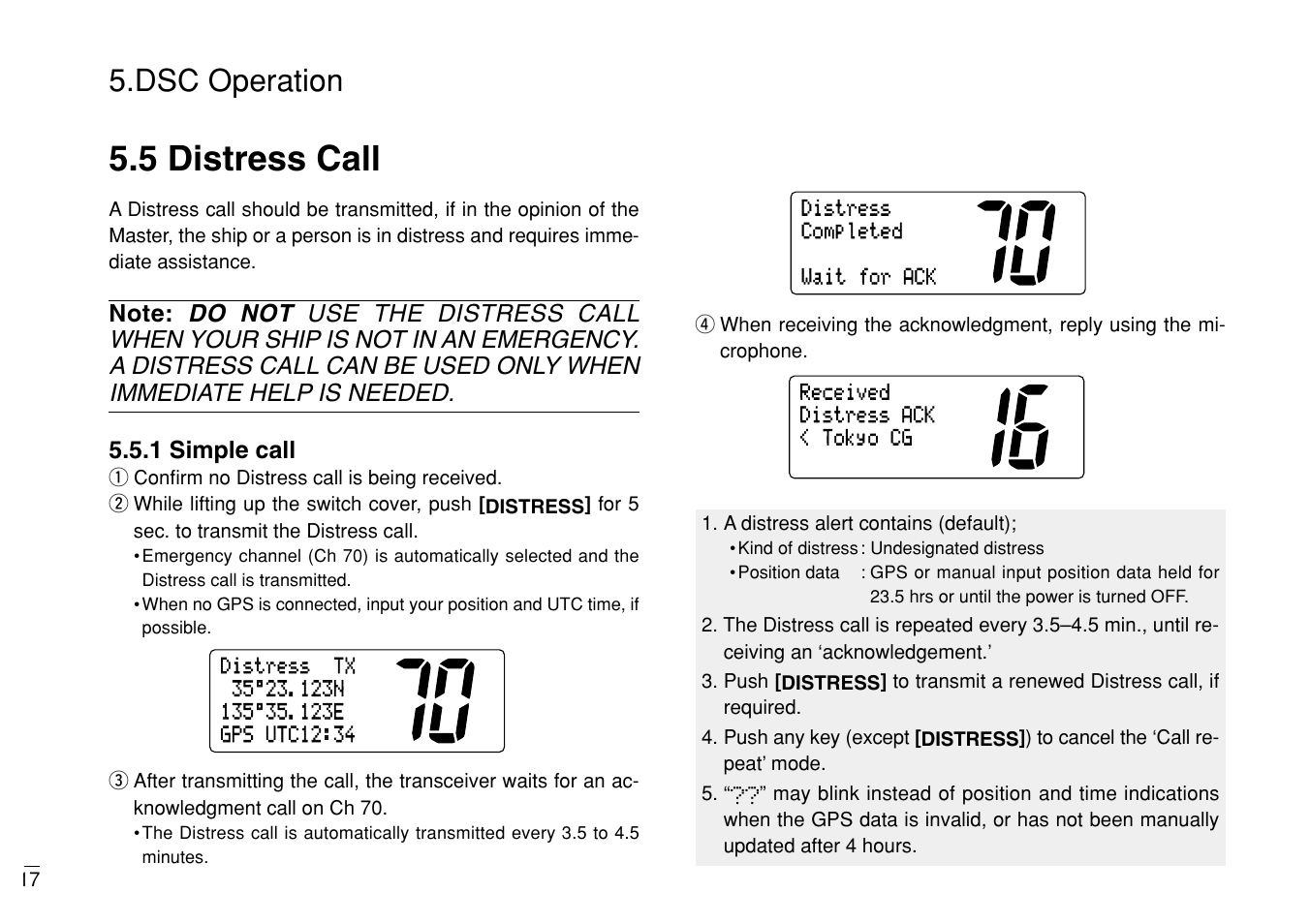 5 distress call, Dsc operation | Furuno MARINE VHF RADIOTELEPHONE FM-3000 User Manual | Page 26 / 76