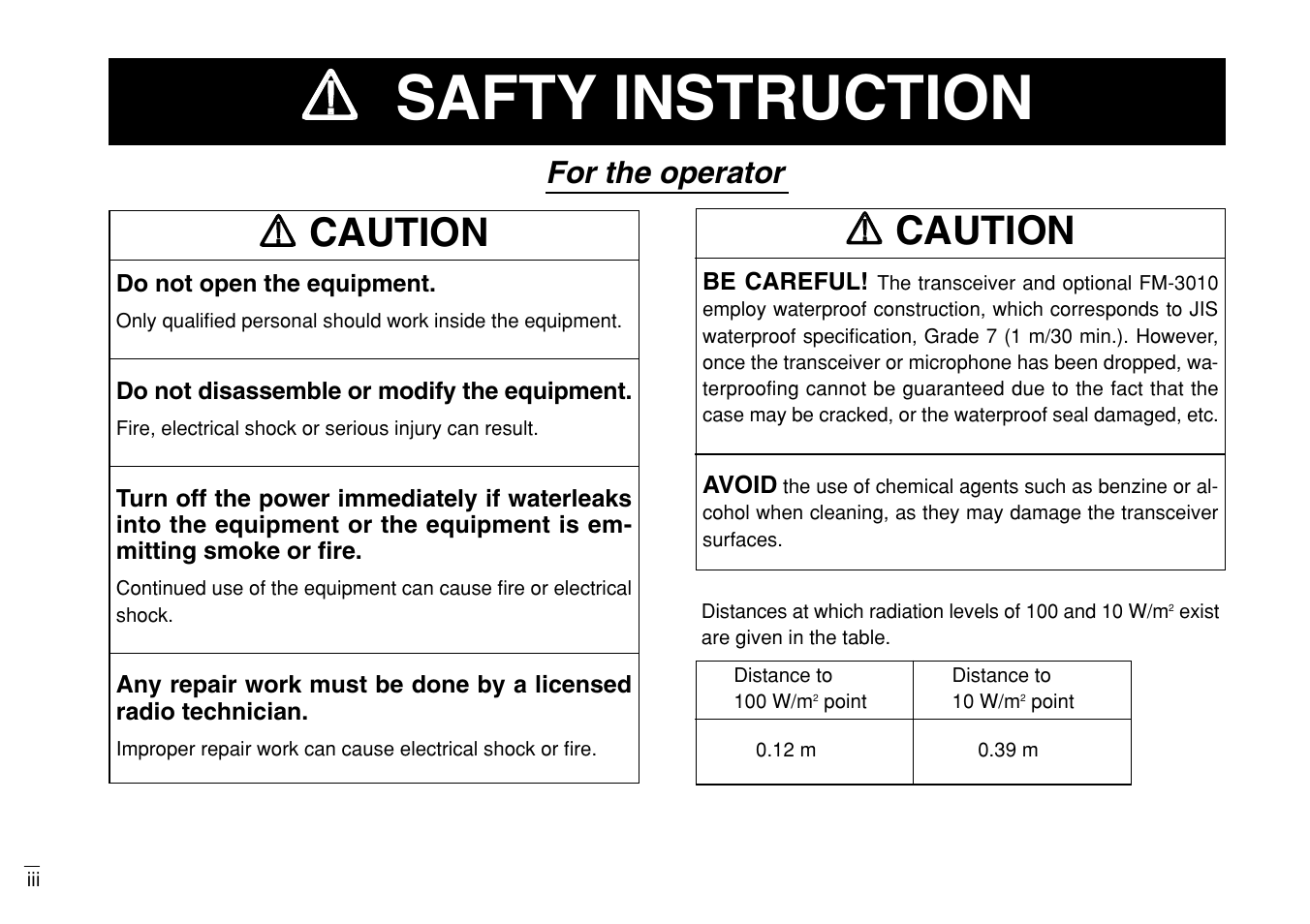 Rr safty instruction, Rr caution, For the operator | Furuno MARINE VHF RADIOTELEPHONE FM-3000 User Manual | Page 4 / 76