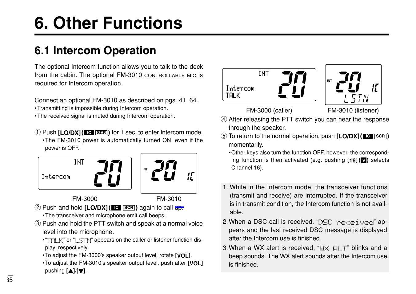 Other functions, 1 intercom operation | Furuno MARINE VHF RADIOTELEPHONE FM-3000 User Manual | Page 44 / 76