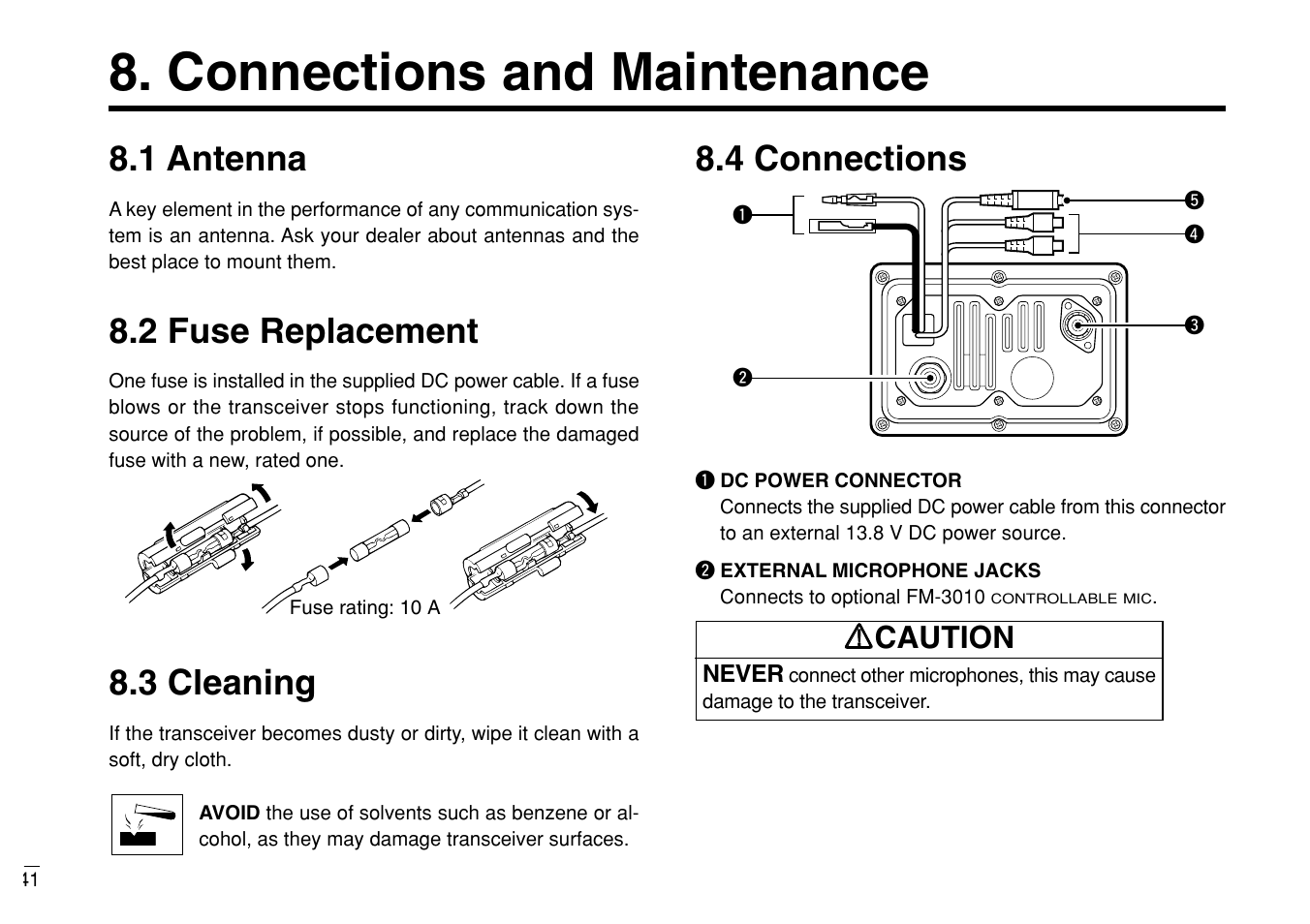 Connections and maintenance, 1 antenna, 2 fuse replacement | 3 cleaning, 4 connections, Rr caution | Furuno MARINE VHF RADIOTELEPHONE FM-3000 User Manual | Page 50 / 76