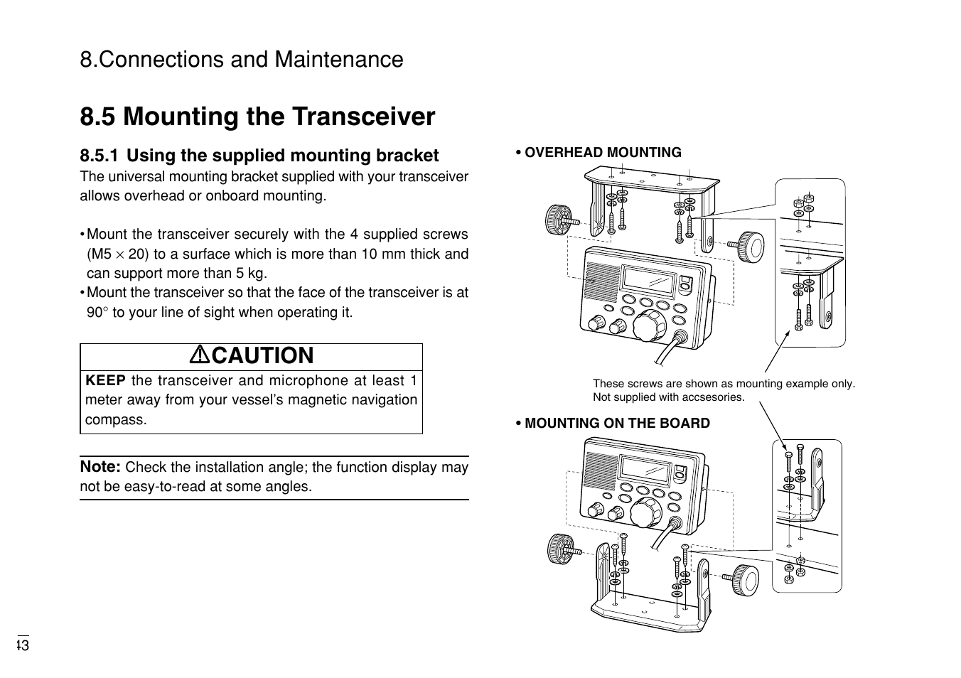 5 mounting the transceiver, Connections and maintenance, Rr caution | Furuno MARINE VHF RADIOTELEPHONE FM-3000 User Manual | Page 52 / 76