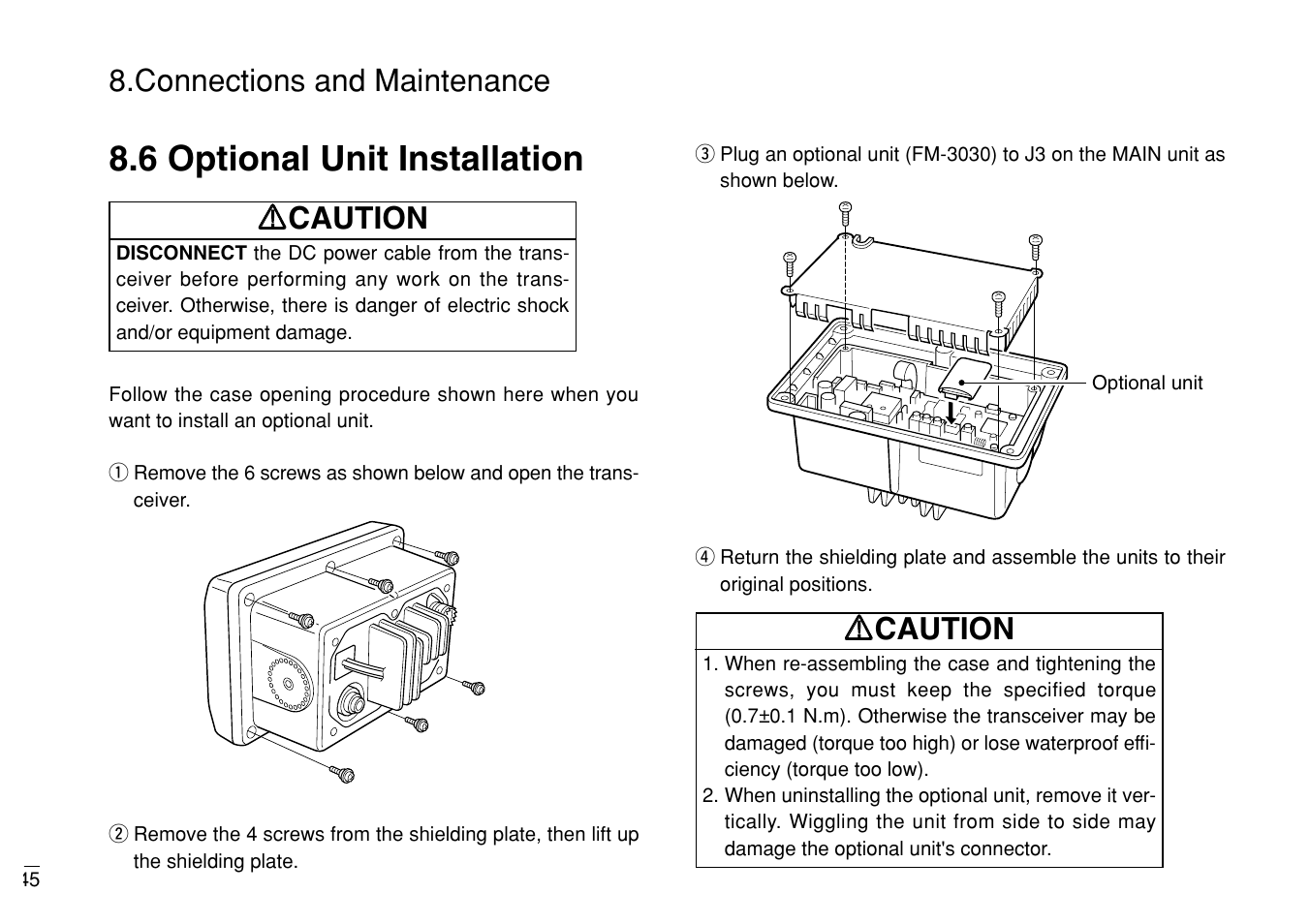6 optional unit installation, Connections and maintenance, Rr caution | Furuno MARINE VHF RADIOTELEPHONE FM-3000 User Manual | Page 54 / 76