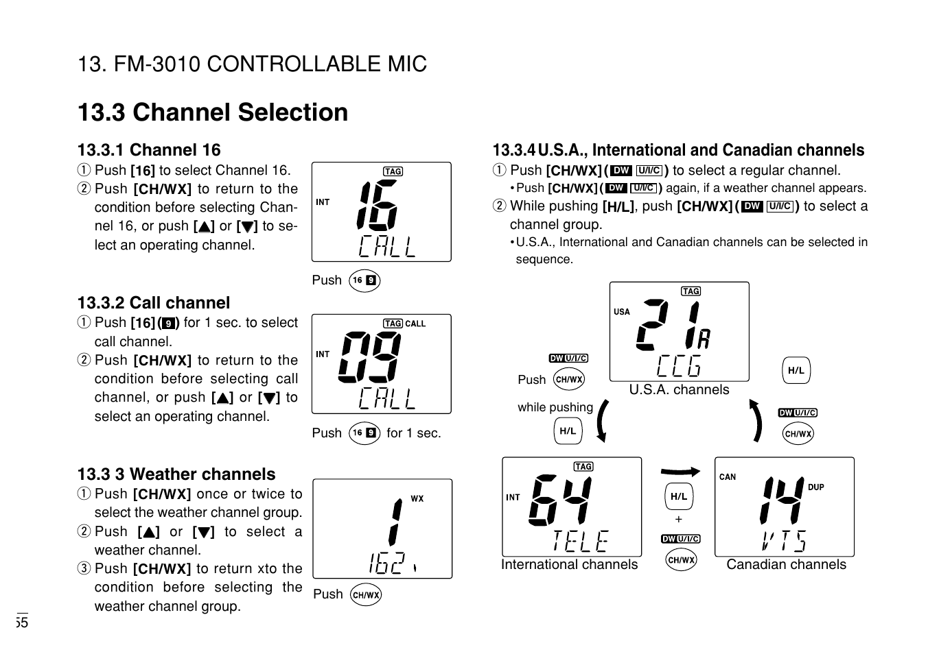 3 channel selection, Fm-3010 controllable mic, 1 channel 16 | 2 call channel, 3 3 weather channels, 4 u.s.a., international and canadian channels | Furuno MARINE VHF RADIOTELEPHONE FM-3000 User Manual | Page 64 / 76