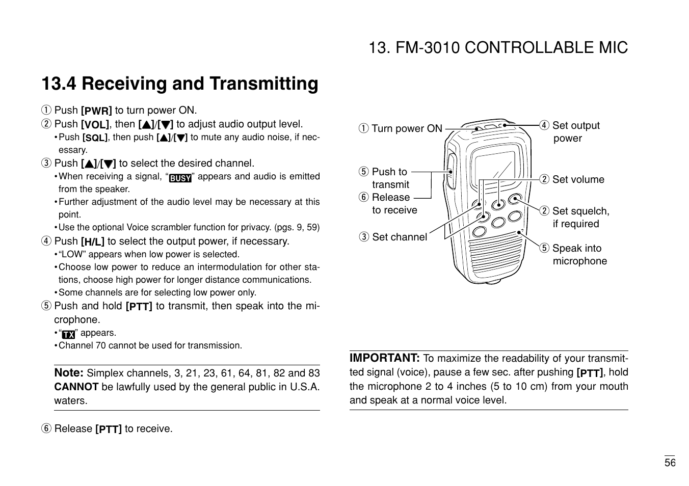 4 receiving and transmitting, Fm-3010 controllable mic | Furuno MARINE VHF RADIOTELEPHONE FM-3000 User Manual | Page 65 / 76