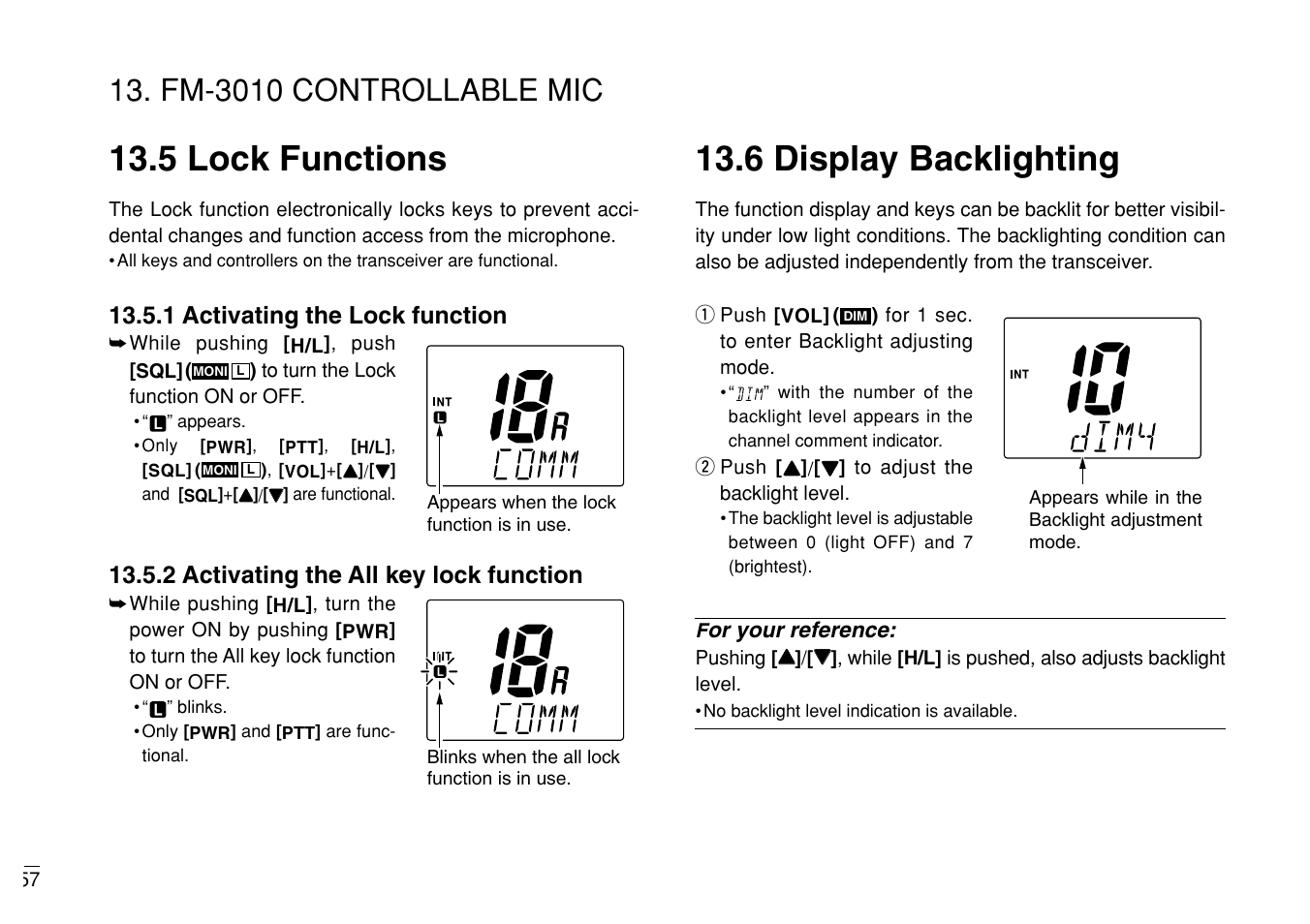5 lock functions, 6 display backlighting, Fm-3010 controllable mic | 1 activating the lock function, 2 activating the all key lock function | Furuno MARINE VHF RADIOTELEPHONE FM-3000 User Manual | Page 66 / 76