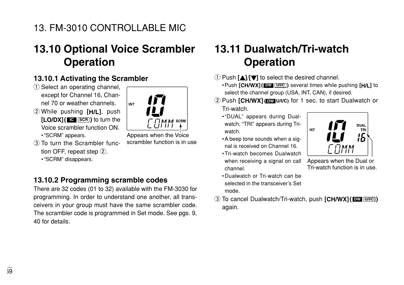 10 optional voice scrambler operation, 11 dualwatch/tri-watch operation, Fm-3010 controllable mic | Furuno MARINE VHF RADIOTELEPHONE FM-3000 User Manual | Page 68 / 76