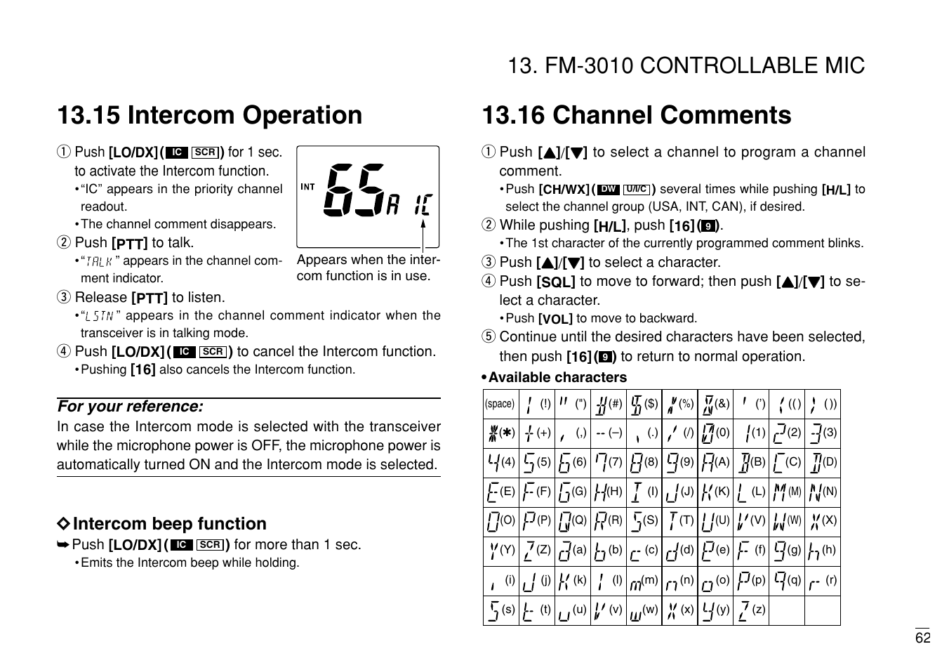 15 intercom operation, 16 channel comments, Fm-3010 controllable mic | Dd intercom beep function, For your reference | Furuno MARINE VHF RADIOTELEPHONE FM-3000 User Manual | Page 71 / 76