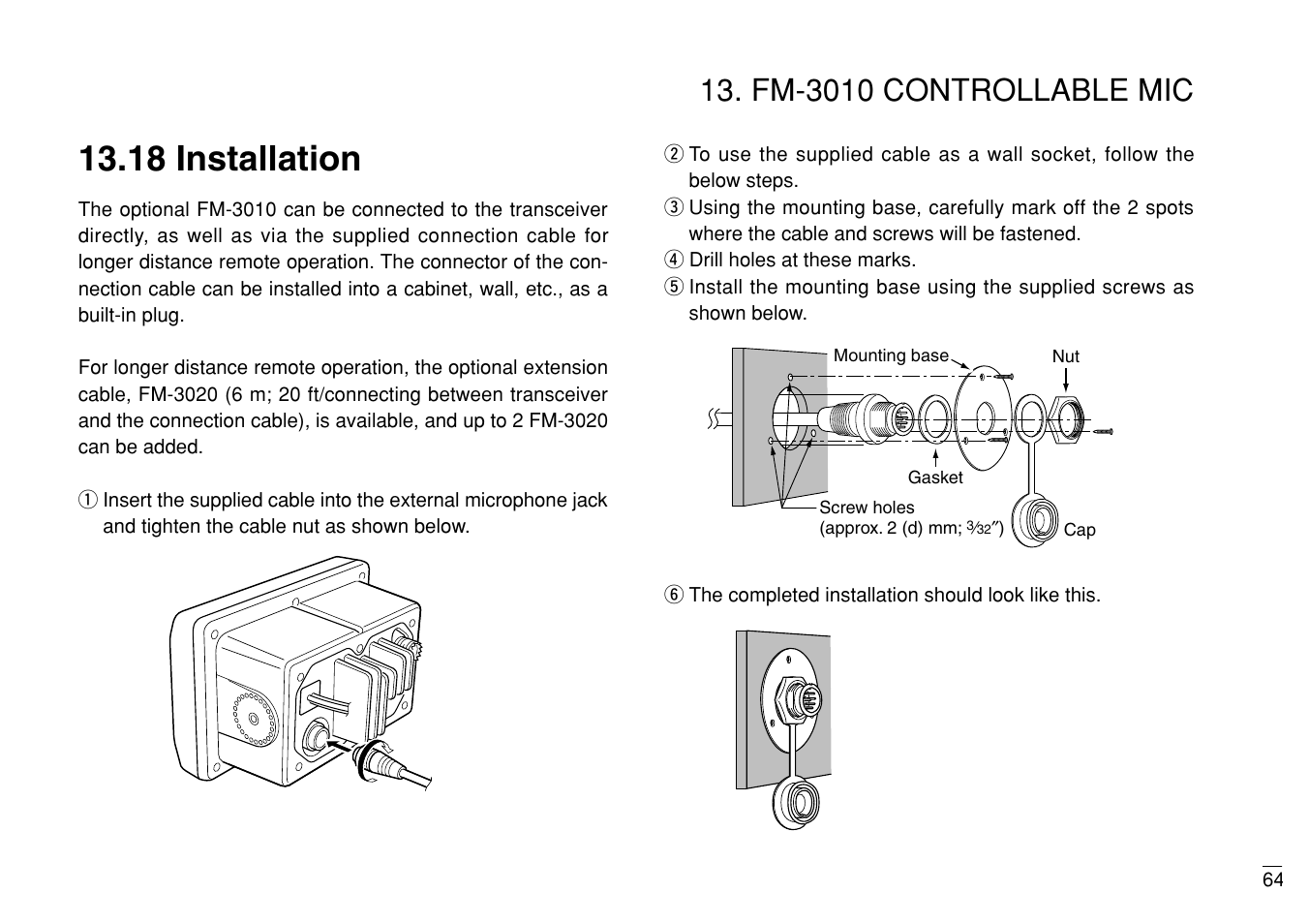 18 installation, Fm-3010 controllable mic | Furuno MARINE VHF RADIOTELEPHONE FM-3000 User Manual | Page 73 / 76
