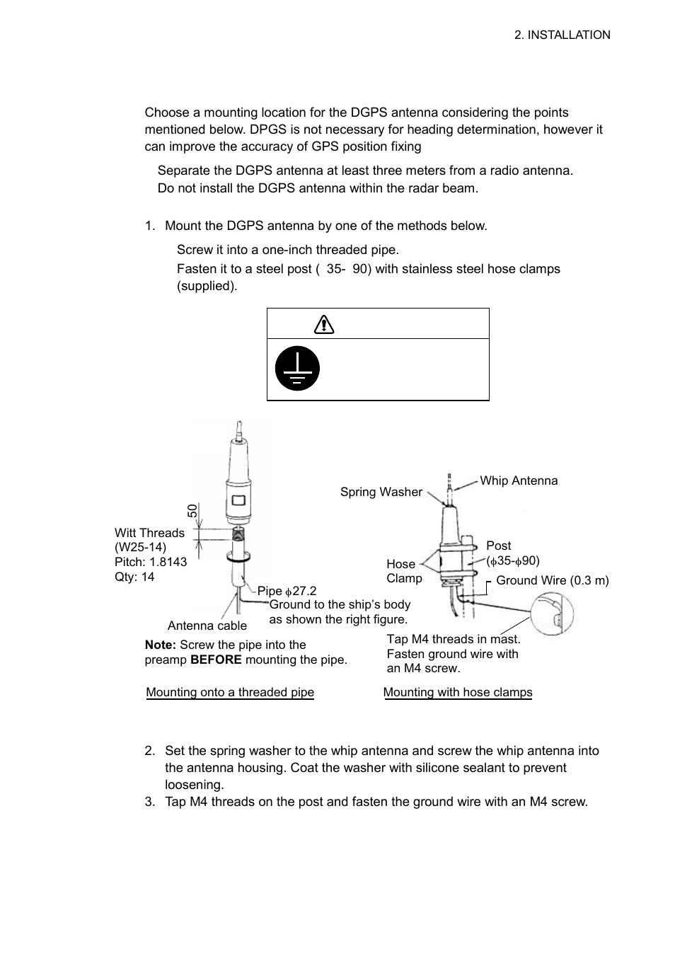 Caution, 7 2.2.2 dgps antenna unit | Furuno SC-60 User Manual | Page 21 / 106