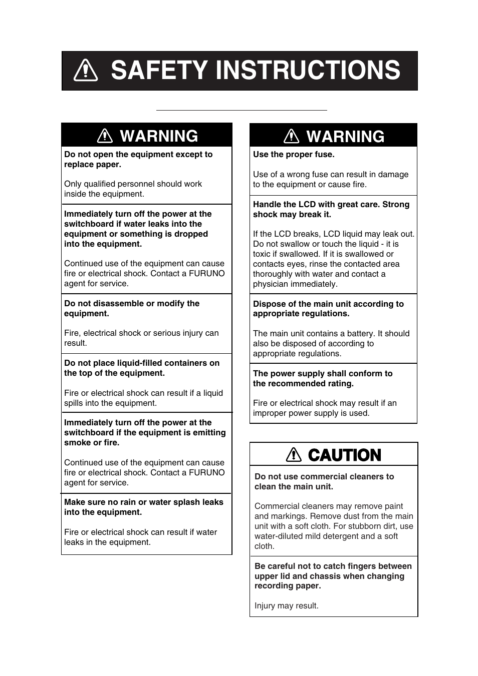 Safety instructions, Warning, Caution | Furuno FAX-410 User Manual | Page 3 / 40