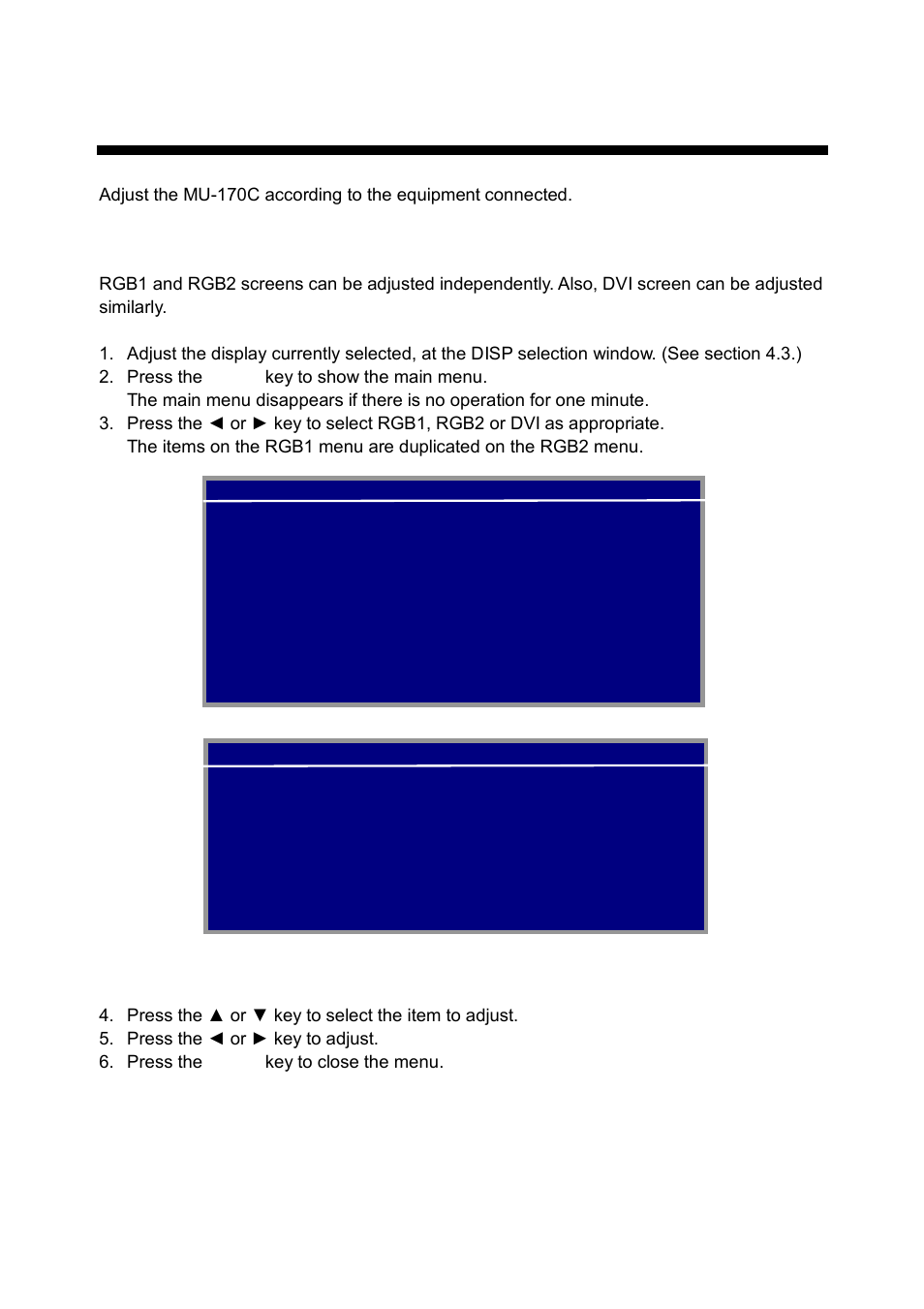 Adjustments, 1 rgb/dvi setting, Rgb1 (rgb2) setting menu | Furuno MU-17OC User Manual | Page 14 / 65