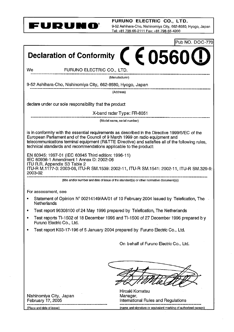Declaration of conformity | Furuno FR-8111 User Manual | Page 67 / 69