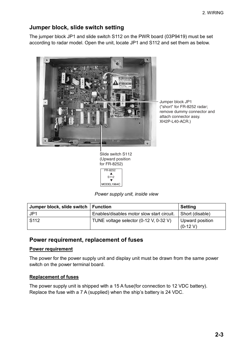 3 jumper block, slide switch setting, Power requirement, replacement of fuses | Furuno FR-8122 User Manual | Page 27 / 56