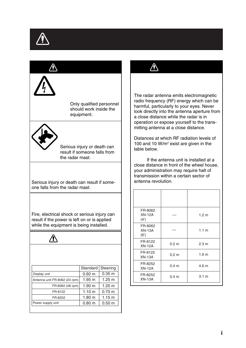 Safety instructions, Warning, Caution | Radio frequency radiation hazard | Furuno FR-8122 User Manual | Page 3 / 56