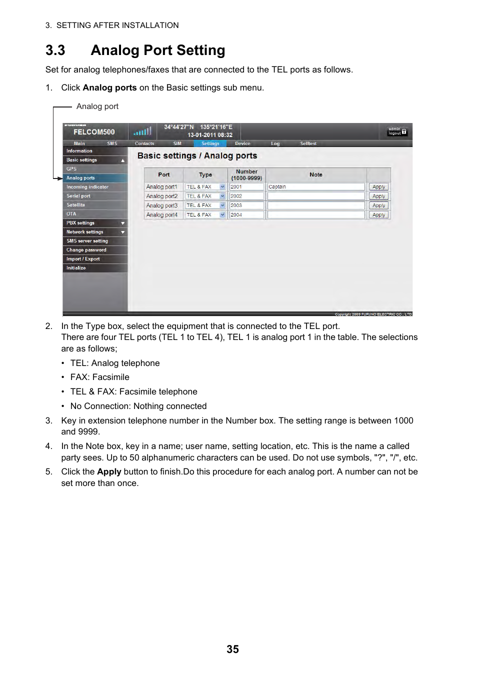 3 analog port setting | Furuno FELCOM 250 User Manual | Page 41 / 66