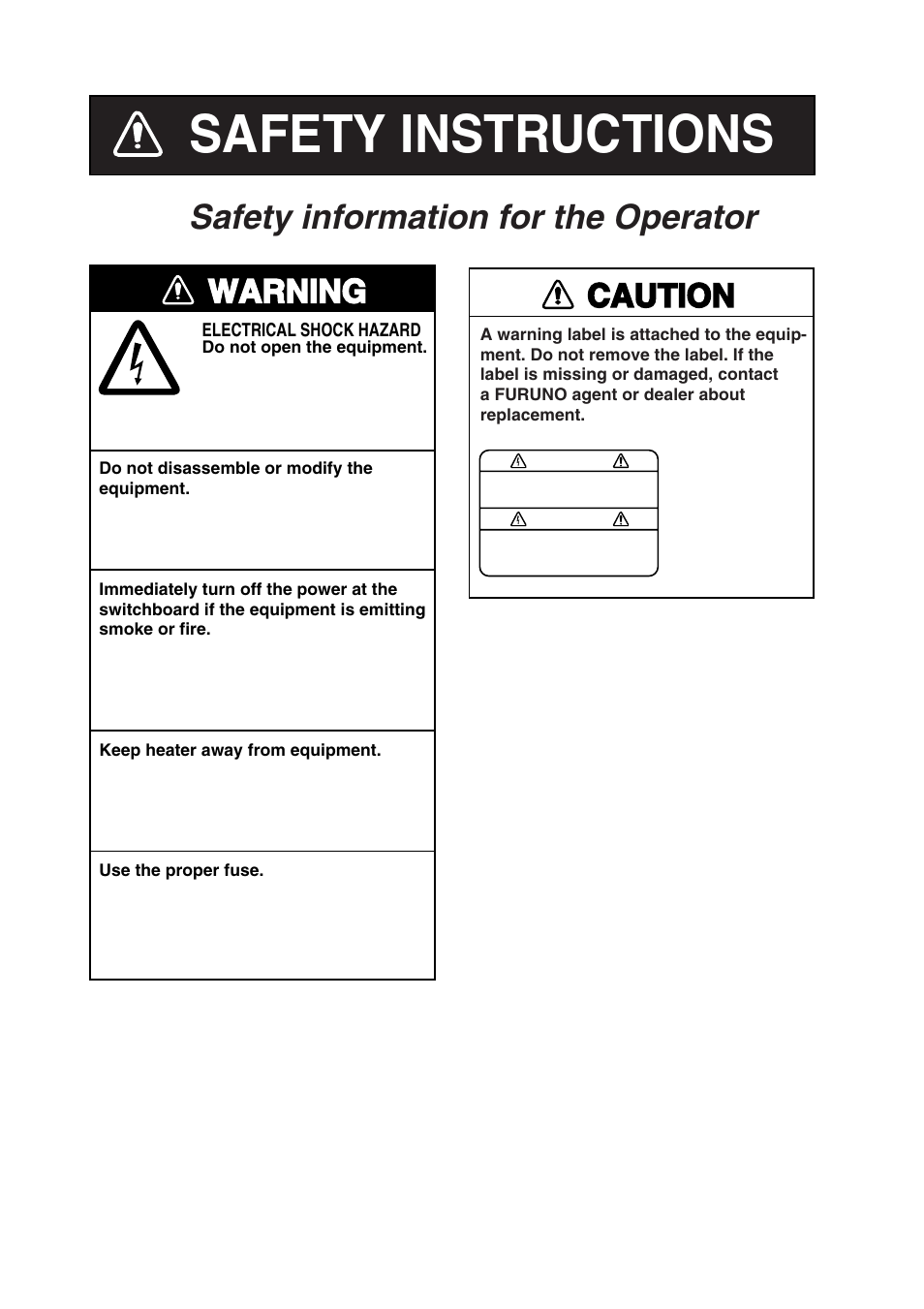 Safety instructions, Safety information for the operator, Warning | Caution | Furuno NX-700B User Manual | Page 4 / 89