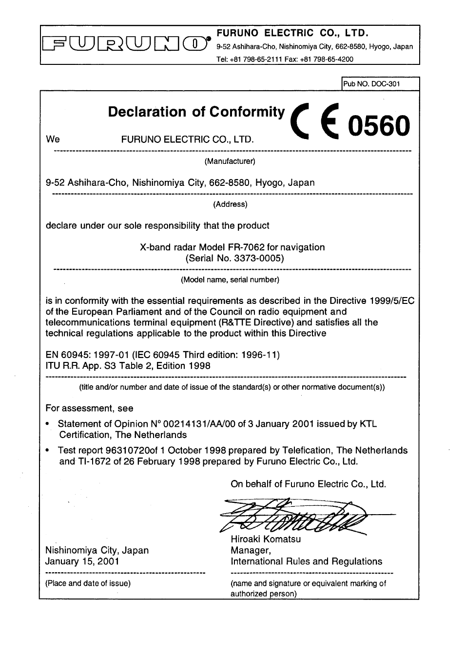 Declaration of conformity | Furuno FR-7112 User Manual | Page 46 / 48