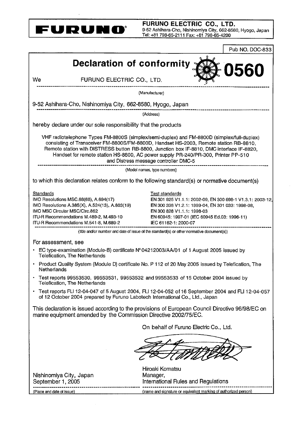 Declaration of conformity | Furuno FM-8800D/8800S User Manual | Page 127 / 127