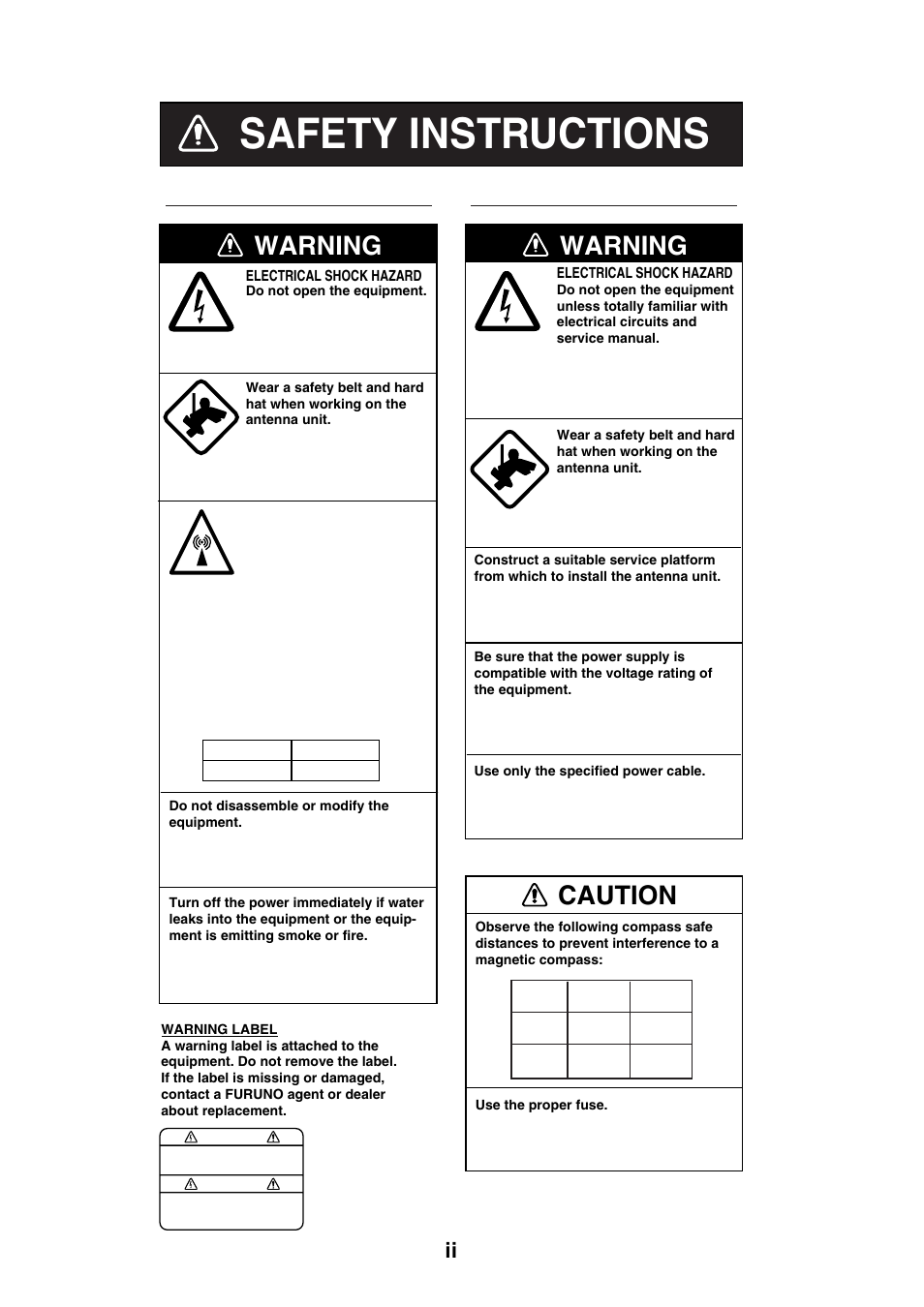 Safety instructions, Warning, Caution | Furuno 1623 User Manual | Page 4 / 48