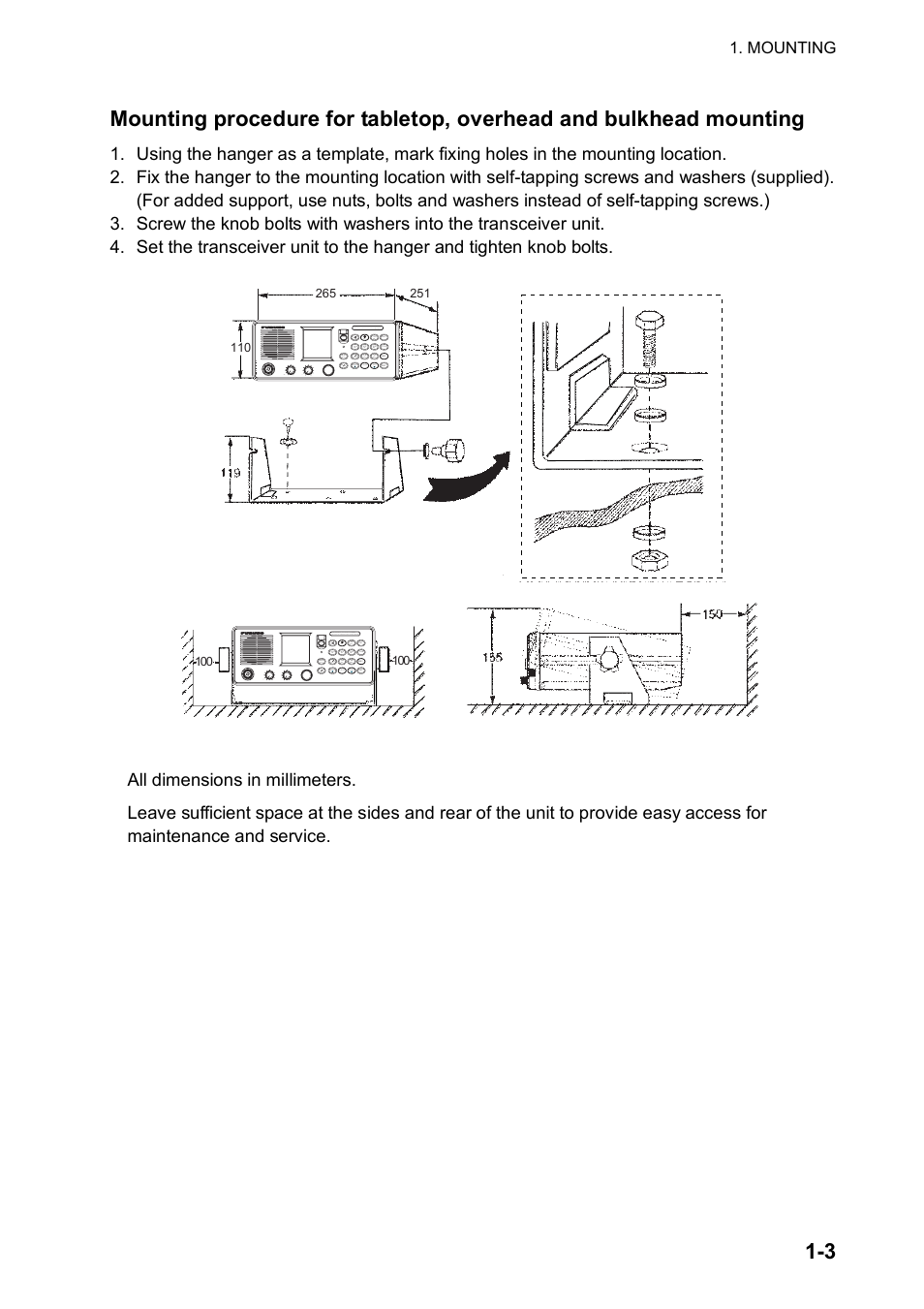 All dimensions in millimeters, Mounting | Furuno FM-8800S User Manual | Page 11 / 72
