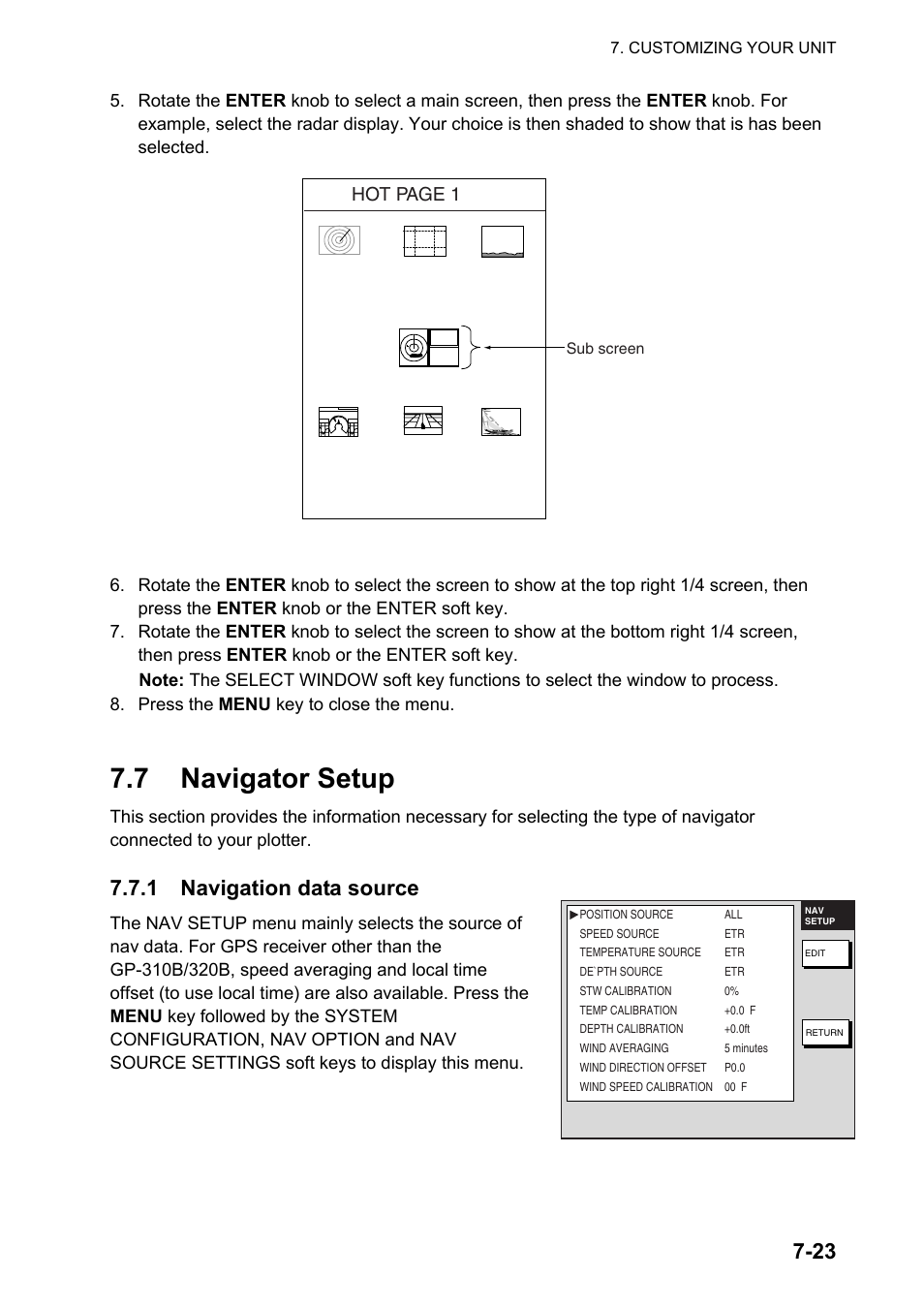 7 navigator setup, 1 navigation data source, Hot page 1 | Furuno NATVET 1824C User Manual | Page 184 / 239