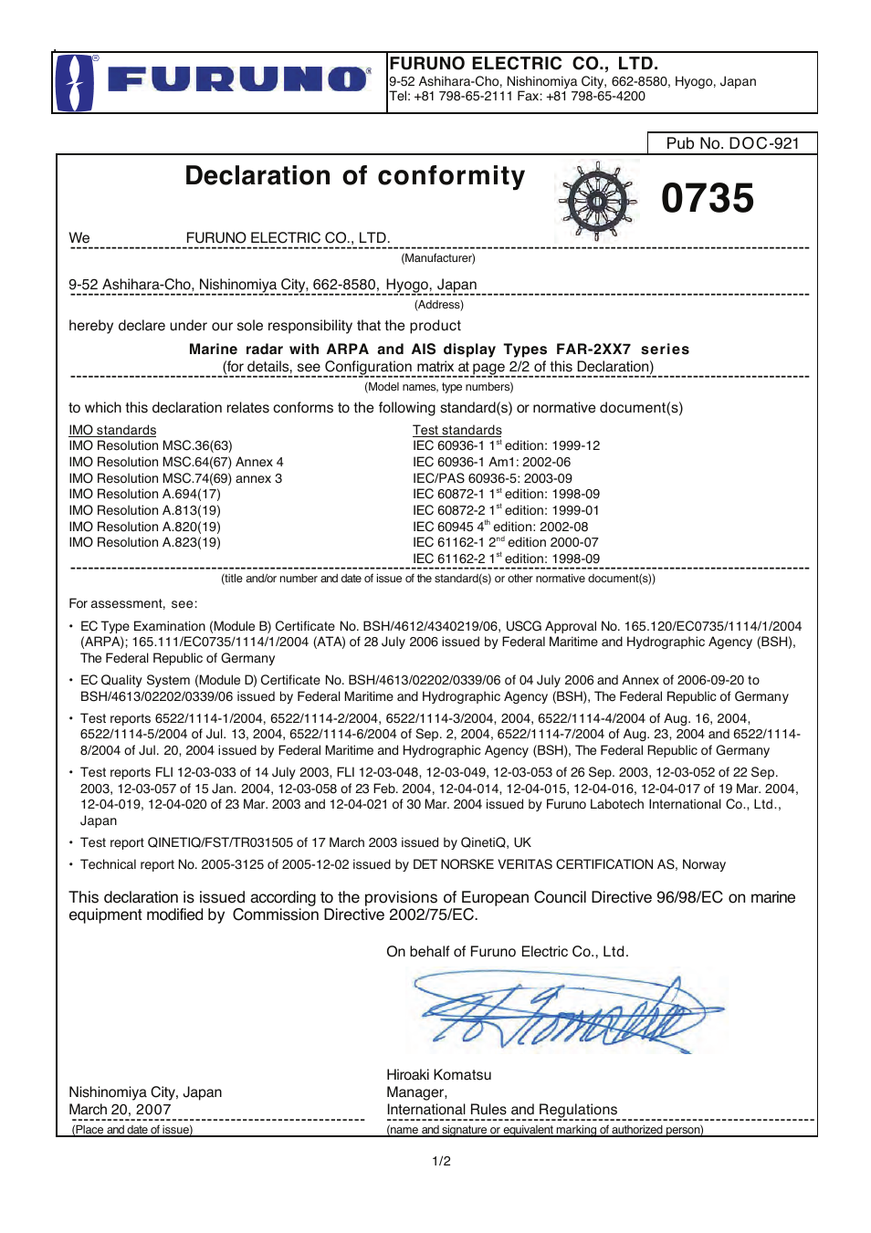 Declaration of conformity, Furuno electric co., ltd | Furuno FAR-2107 User Manual | Page 279 / 280