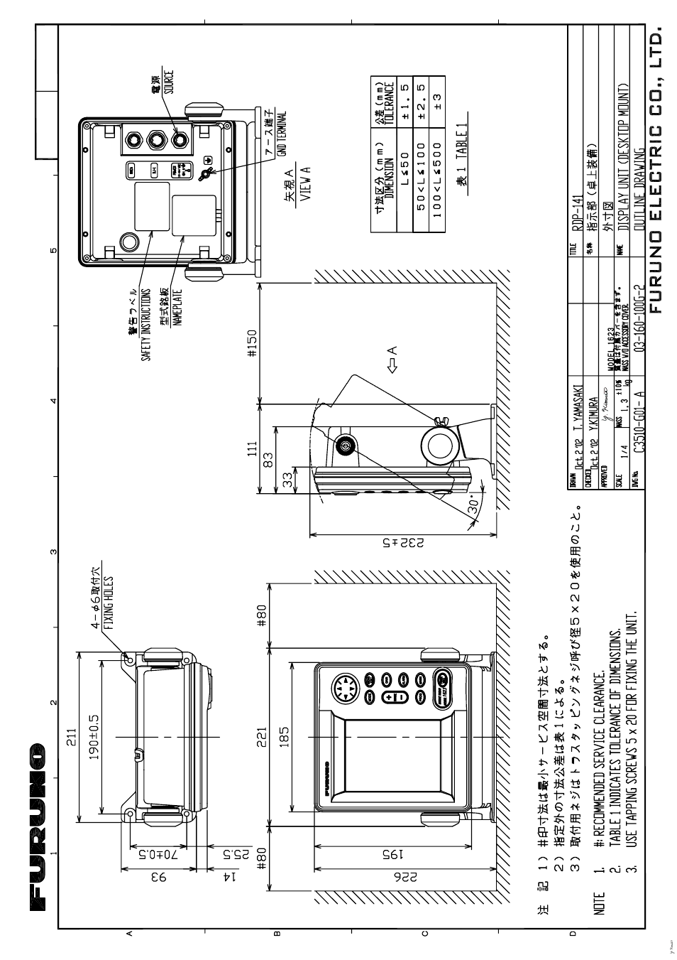 Outline drawings, D - 1 | Furuno 1623 User Manual | Page 41 / 47