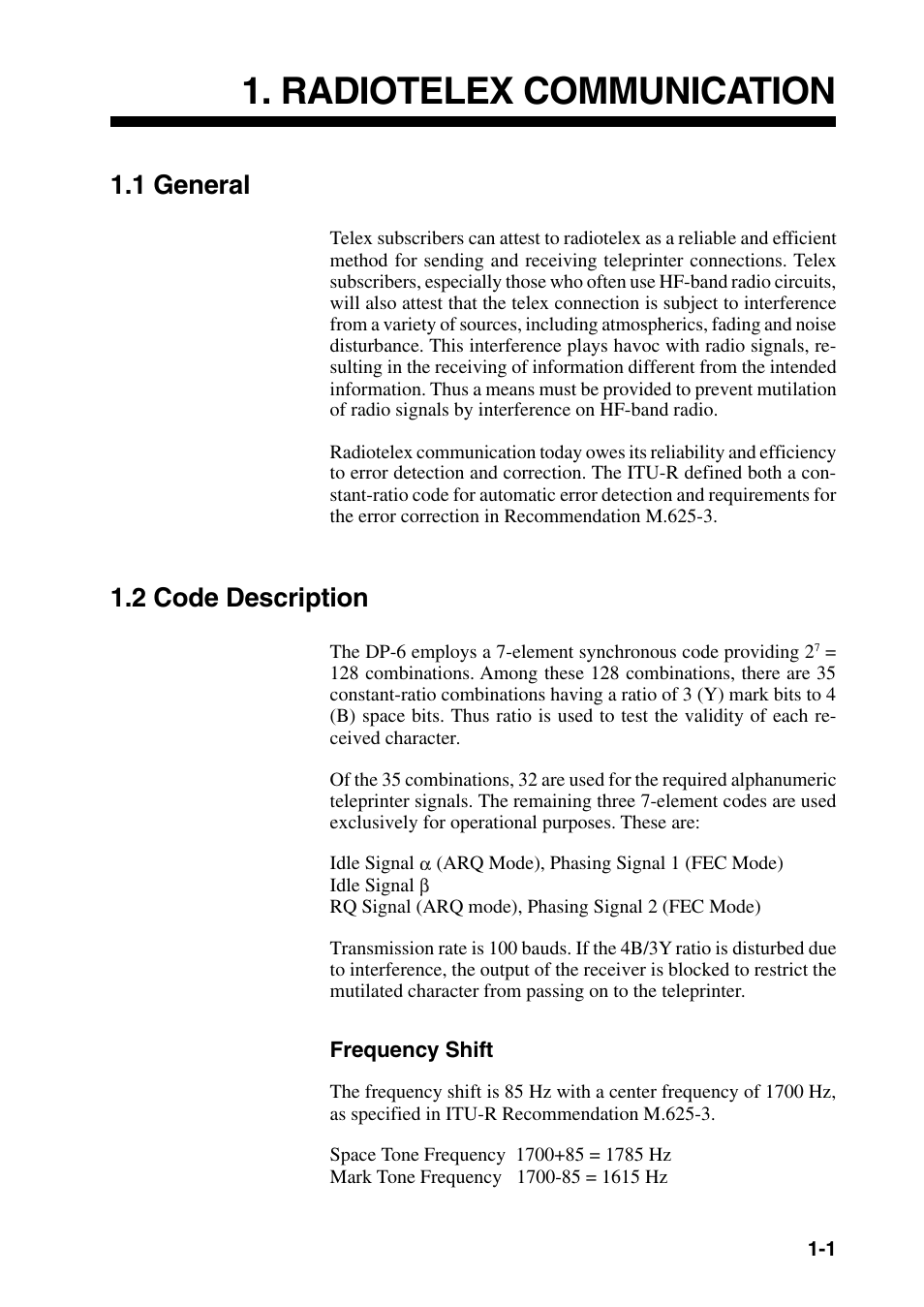 Radiotelex communication, 1 general, 2 code description | Furuno DP-6 User Manual | Page 9 / 93