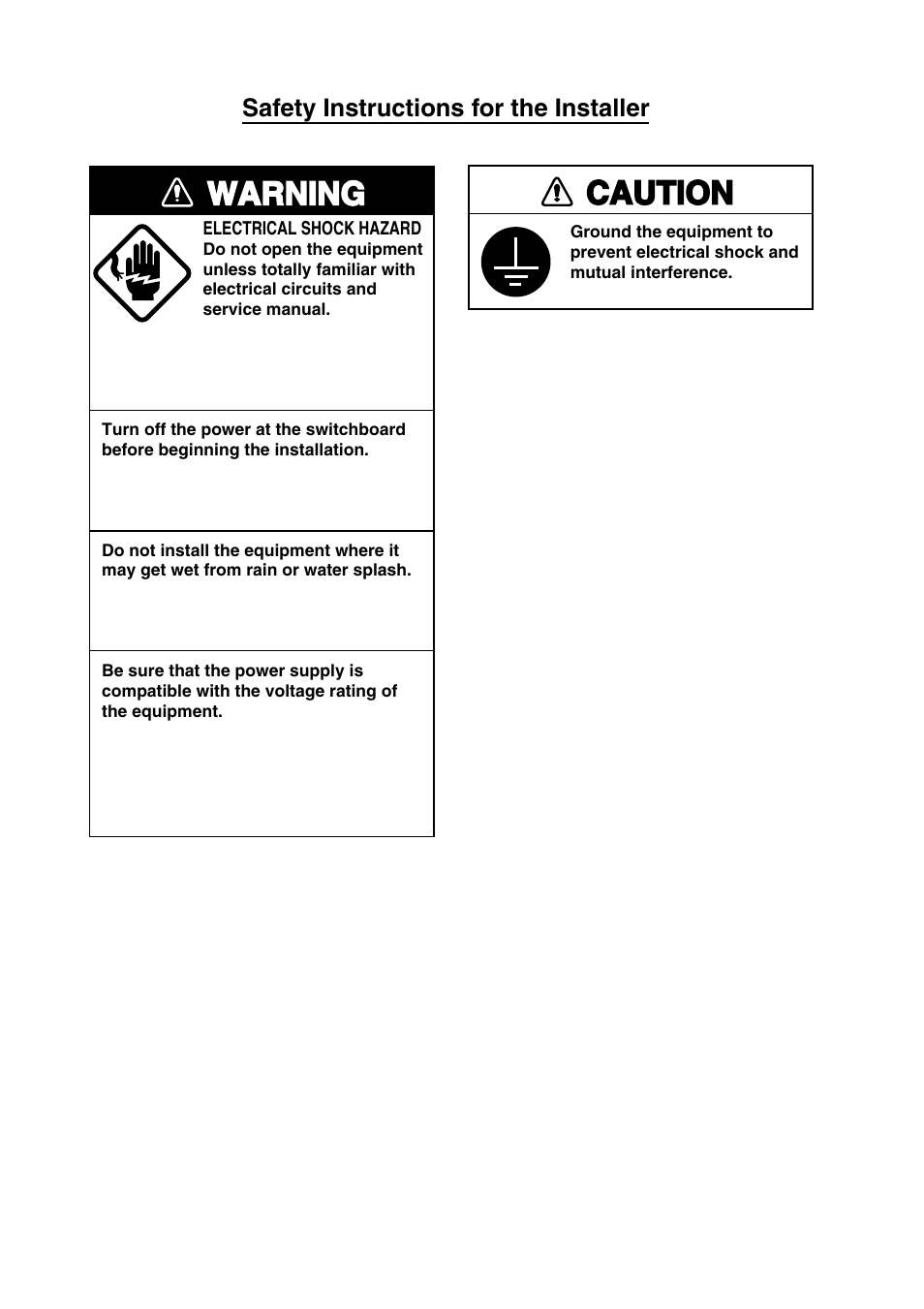 Warning, Caution, Safety instructions for the installer | Furuno MULTI-COMMUNICATION UNIT IB-782 User Manual | Page 4 / 22