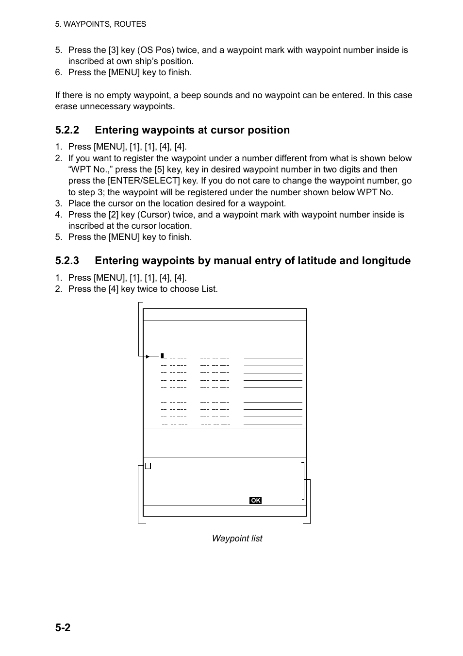 2 entering waypoints at cursor position, Waypoint list | Furuno RP180 User Manual | Page 33 / 100