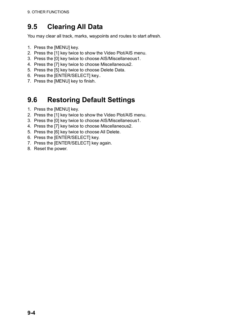 5 clearing all data, 6 restoring default settings | Furuno RP180 User Manual | Page 61 / 100