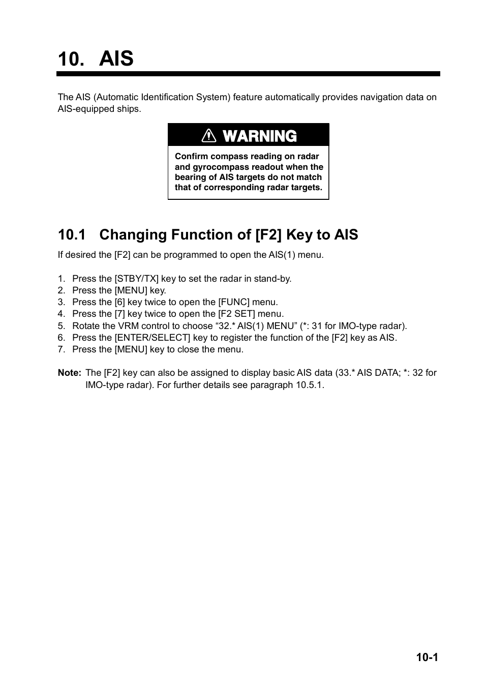 Warning, 1 changing function of [f2] key to ais | Furuno RP180 User Manual | Page 64 / 100