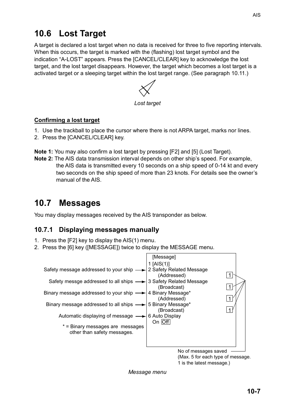 6 lost target, 7 messages, 1 displaying messages manually | Furuno RP180 User Manual | Page 70 / 100