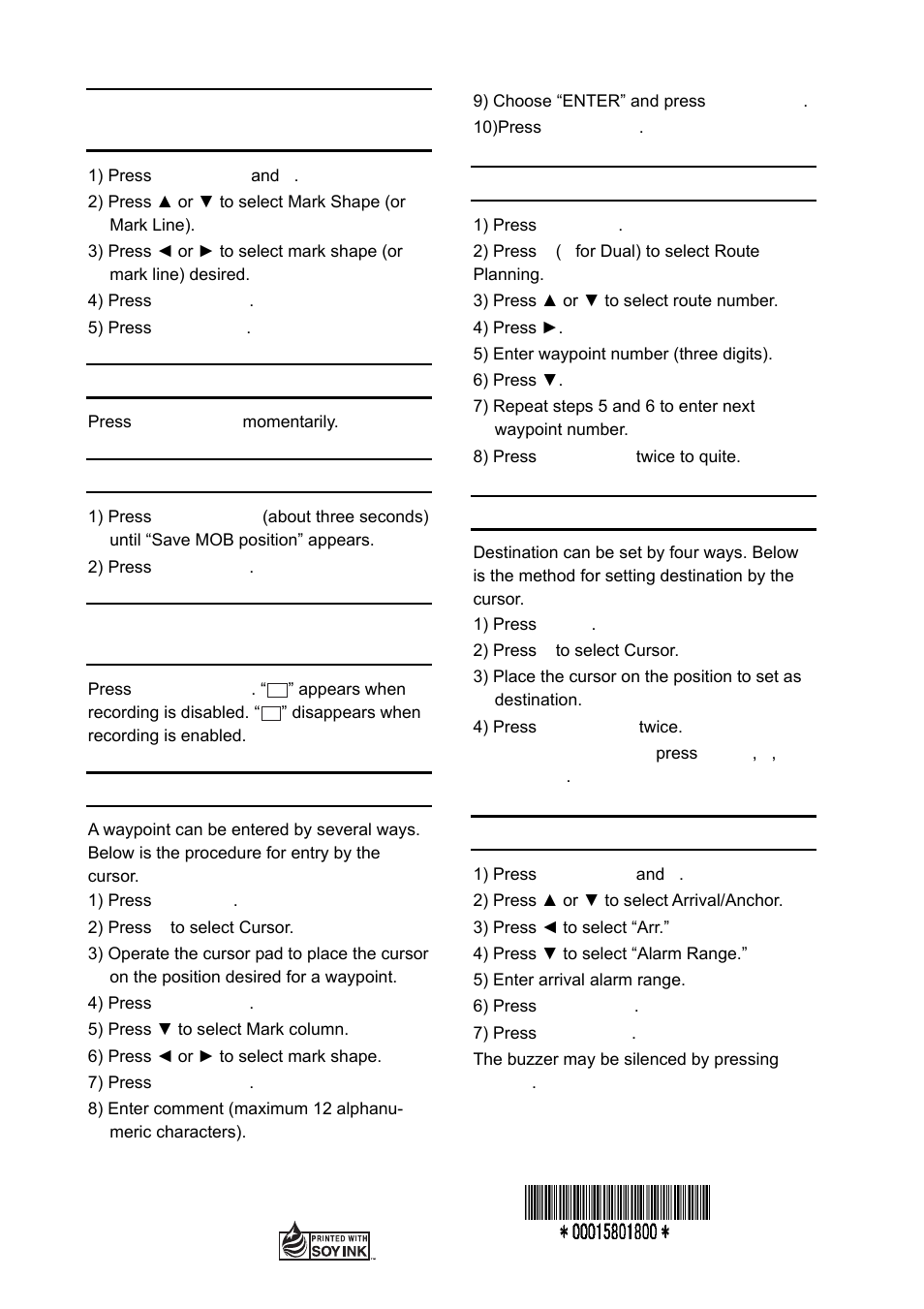 Selecting mark shape/line type, Entering event mark, Entering mob mark | Starting/stopping plotting and recording of track, Registering waypoints, Registering routes, Setting/cancelling destination, Setting the arrival alarm | Furuno GP-150 User Manual | Page 2 / 2