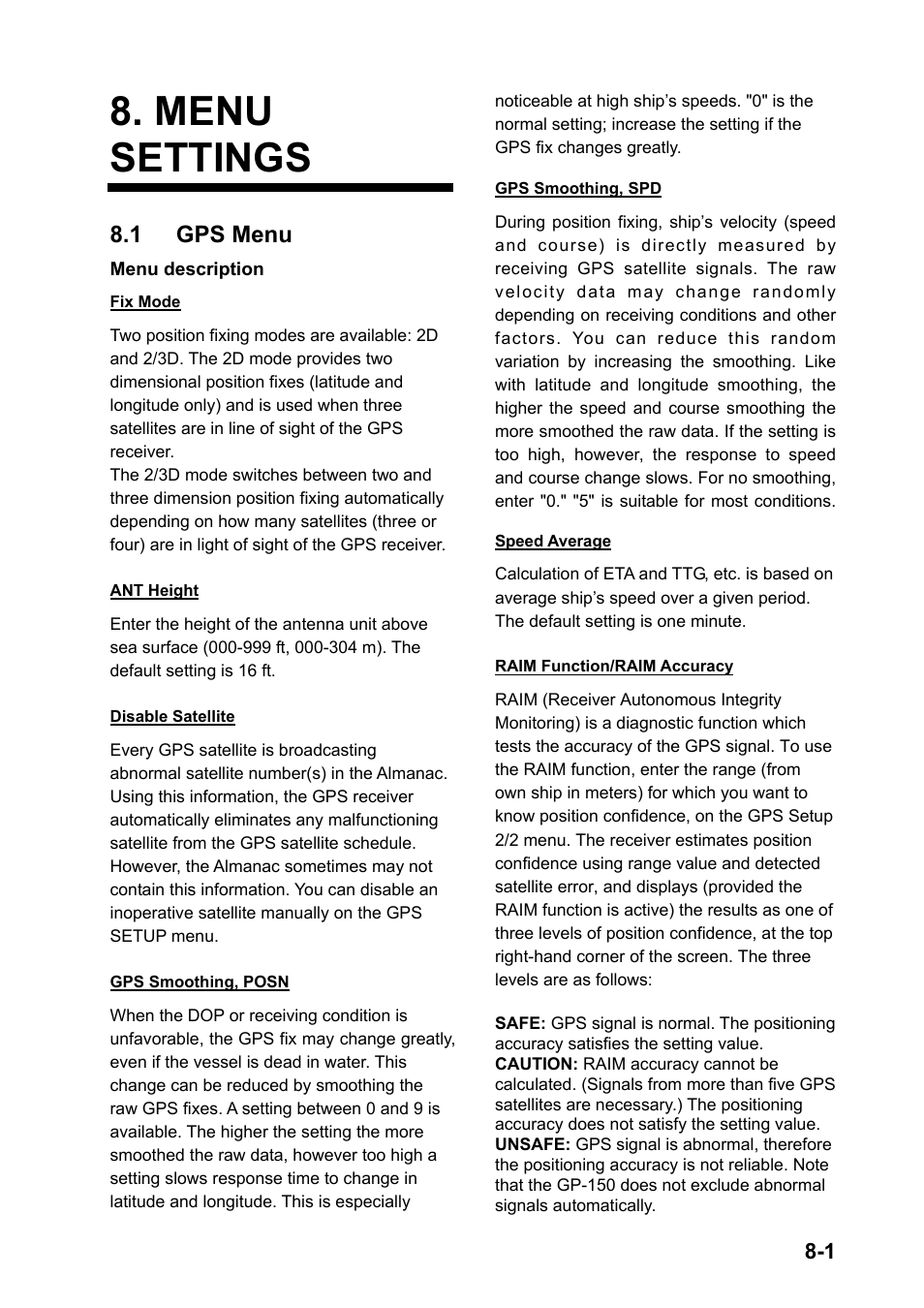 Menu settings, 1 gps menu | Furuno GPS NAVIGATOR GP-150 User Manual | Page 49 / 103