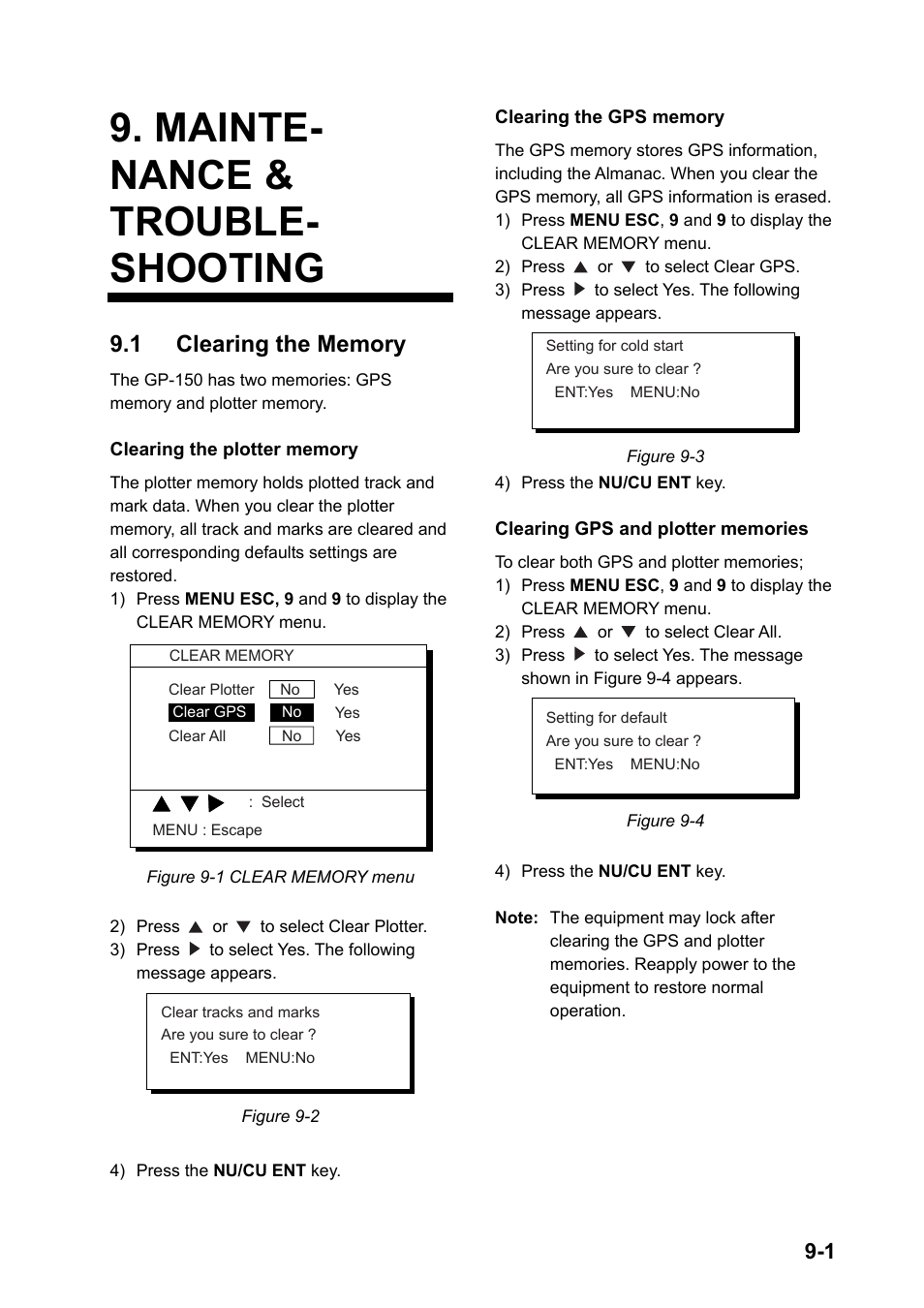 Maintenance & troubleshooting, 1 clearing the memory, Mainte- nance & trouble- shooting | Furuno GPS NAVIGATOR GP-150 User Manual | Page 63 / 103
