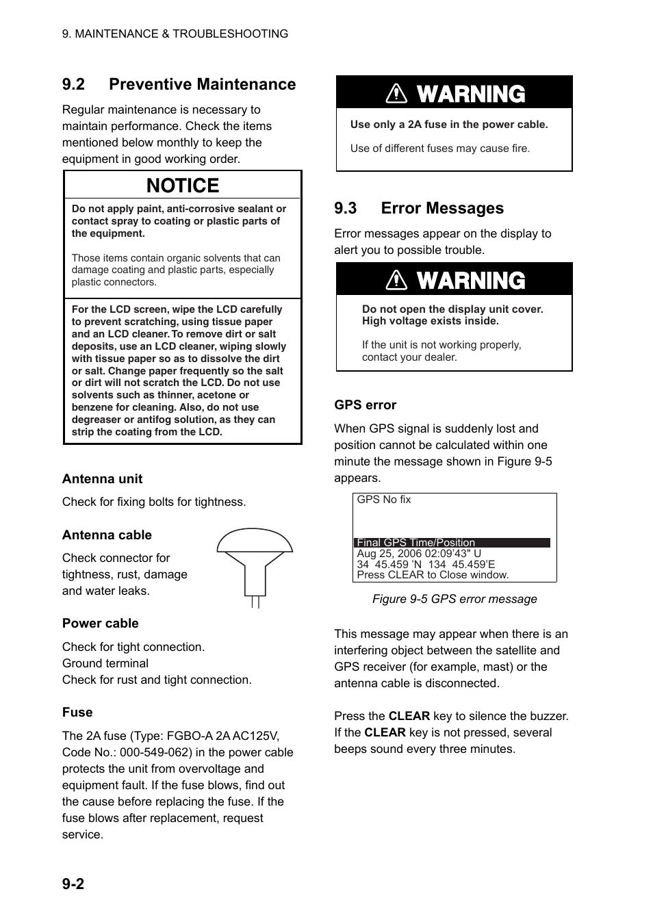 2 preventive maintenance, 3 error messages, Warning | Notice | Furuno GPS NAVIGATOR GP-150 User Manual | Page 64 / 103