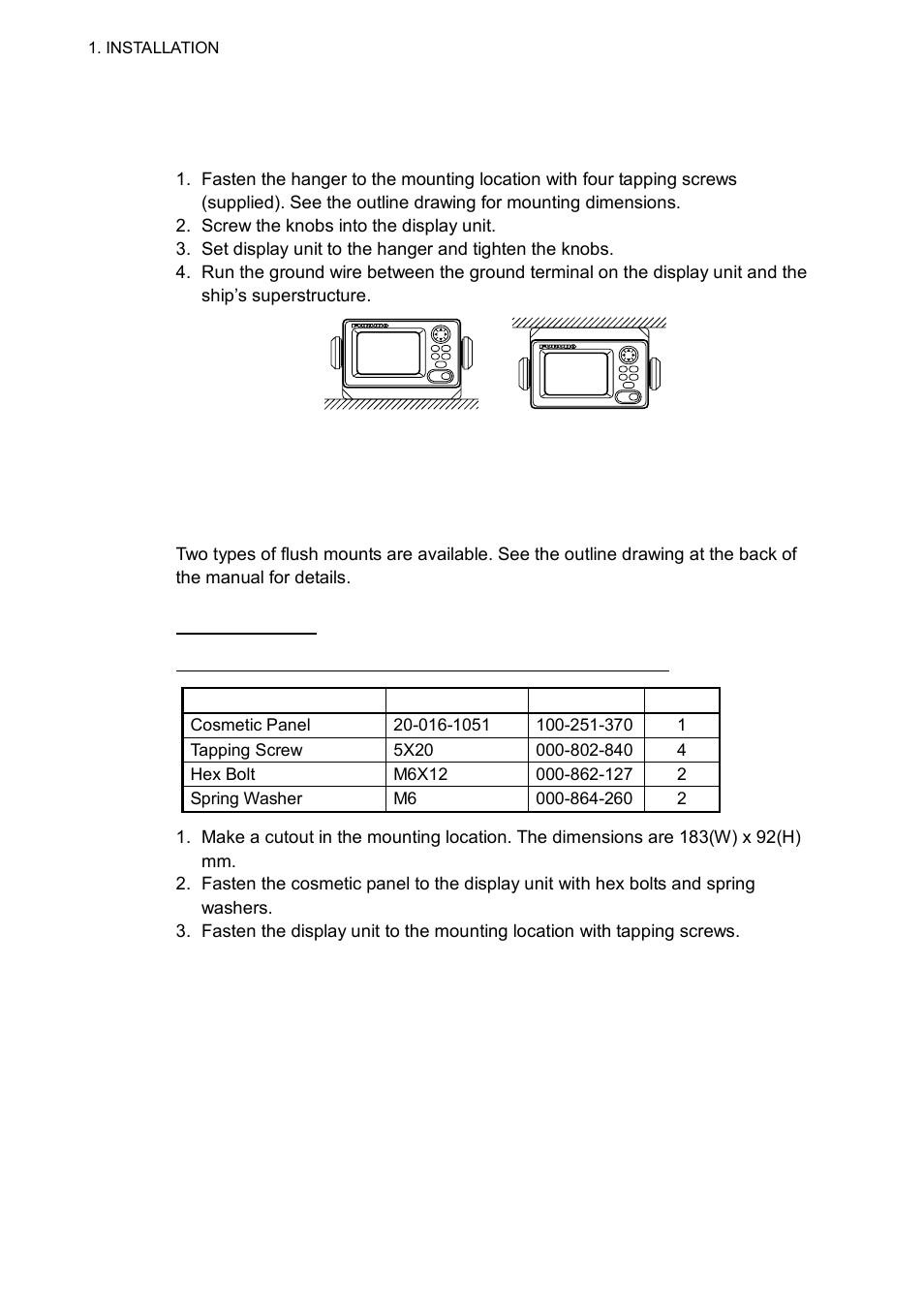 4 installing the display unit, 1 desktop, overhead mounting, 2 flush mount | Furuno SC-110 User Manual | Page 20 / 93