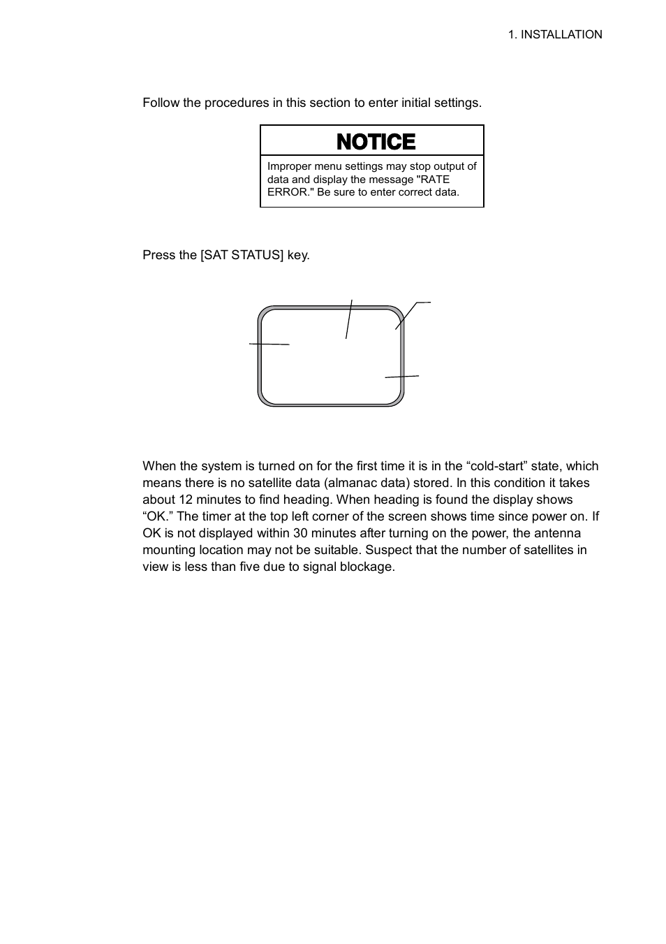 6 initial settings, Notice, 1 confirming satellite status | Furuno SC-110 User Manual | Page 25 / 93