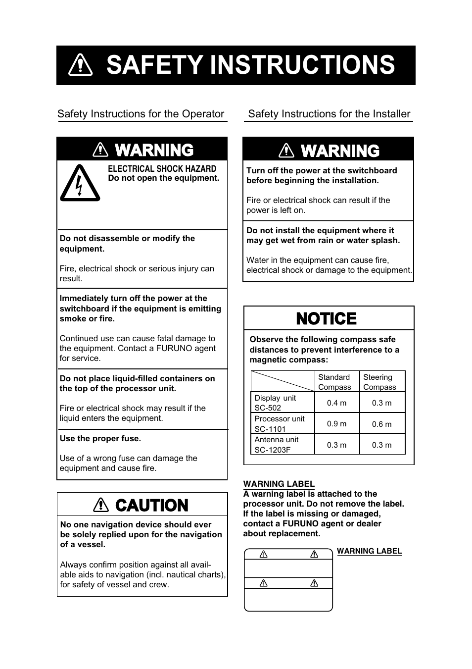 Safety instructions, Warning, Caution | Notice | Furuno SC-110 User Manual | Page 3 / 93