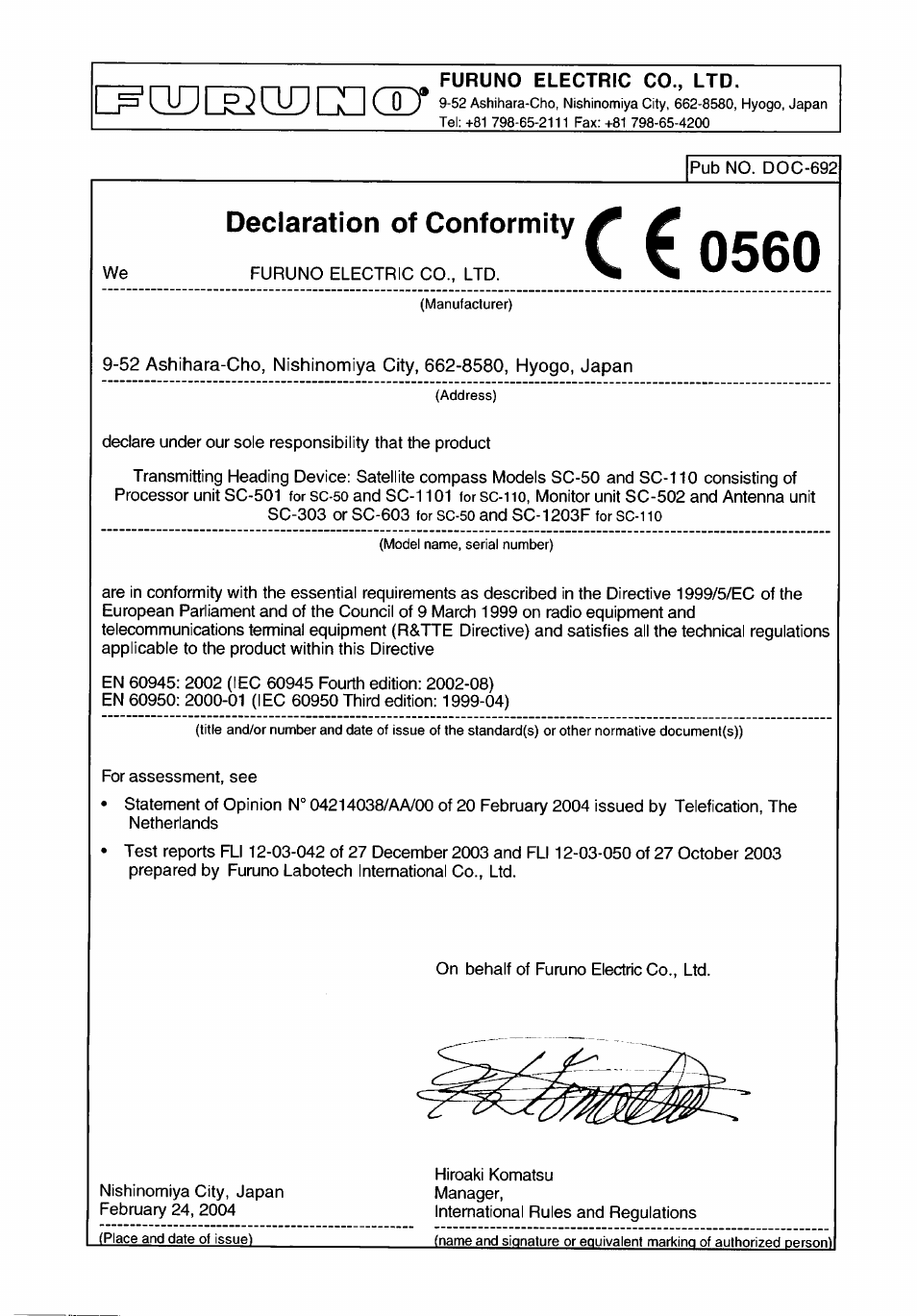 Declaration of conformity | Furuno SC-110 User Manual | Page 93 / 93